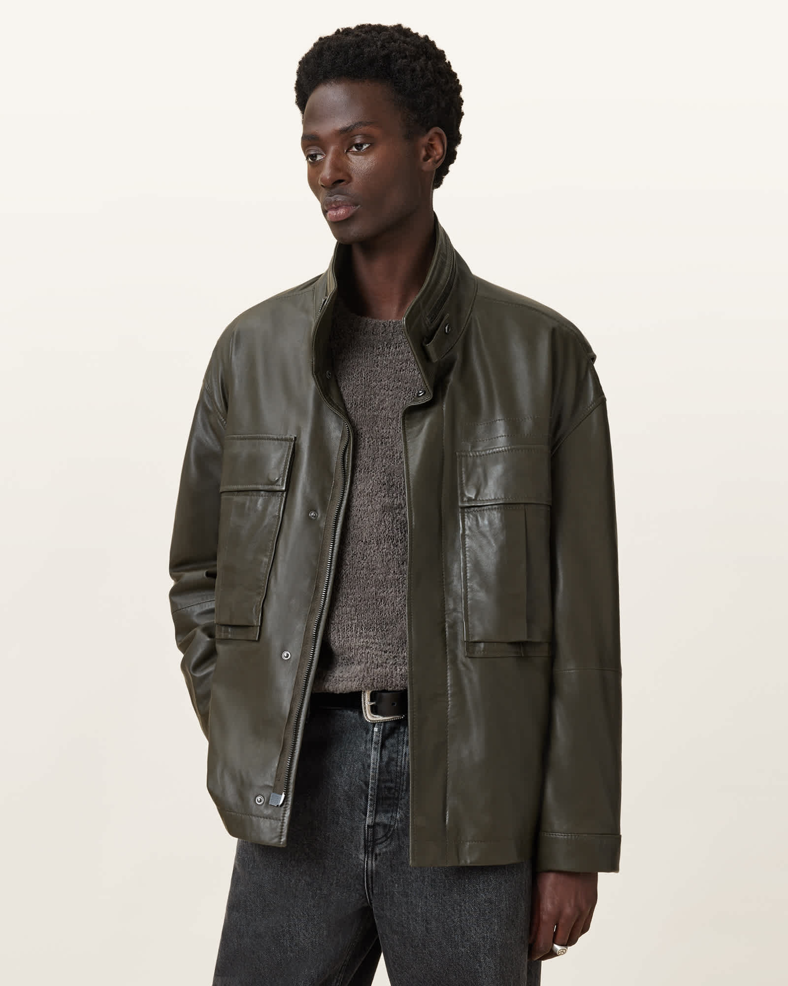 AllSaints Halton Funnel Collar Leather Jacket
