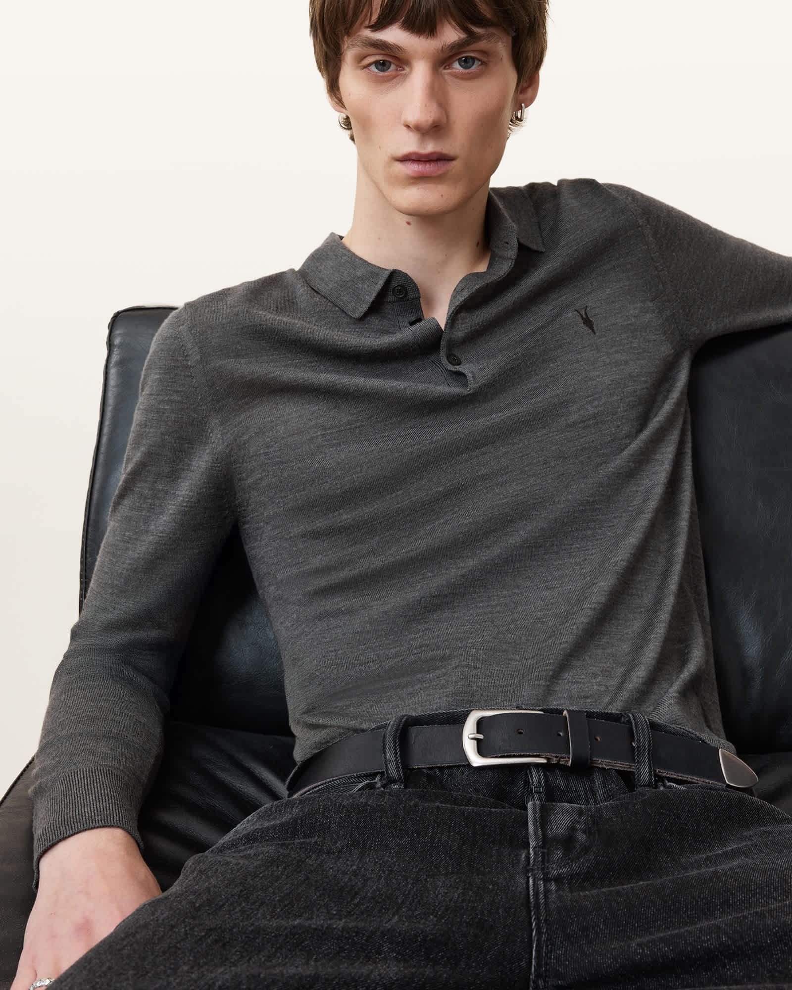 AllSaints Mode Merino Long Sleeve Ramskull Polo Shirt