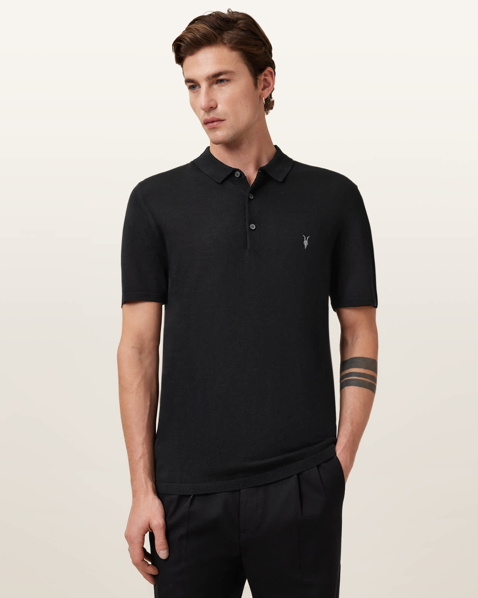 AllSaints Mode Merino Short Sleeve Ramskull Polo Shirt