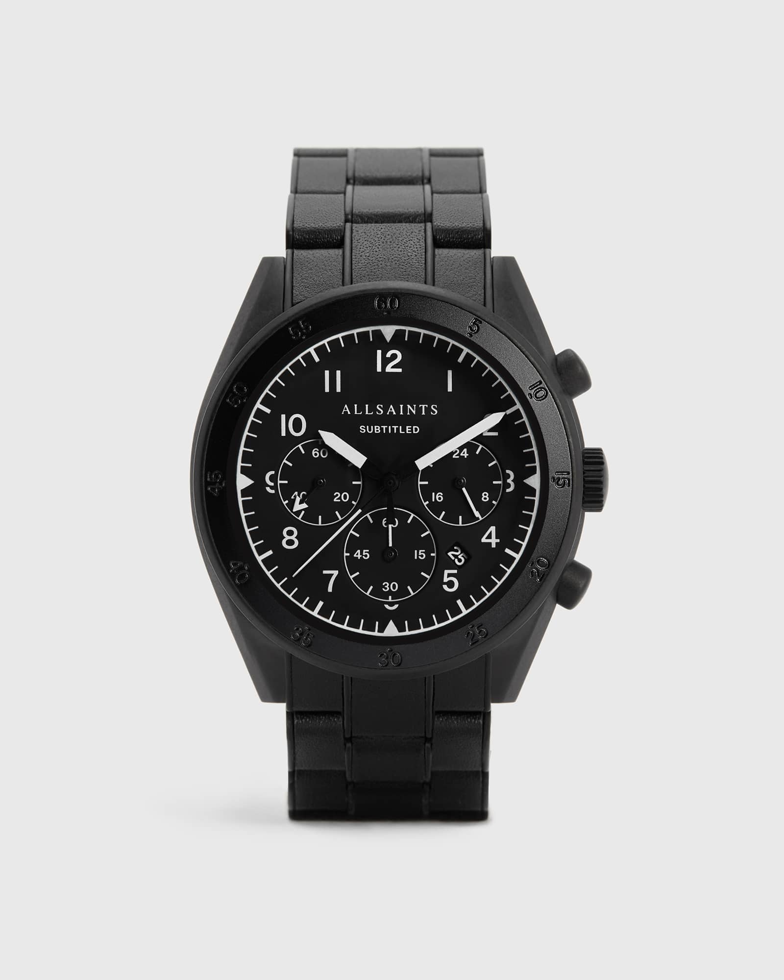 AllSaints Men's Subtitled VII Black Stainless Steel Leather-Wrapped Watch, Black