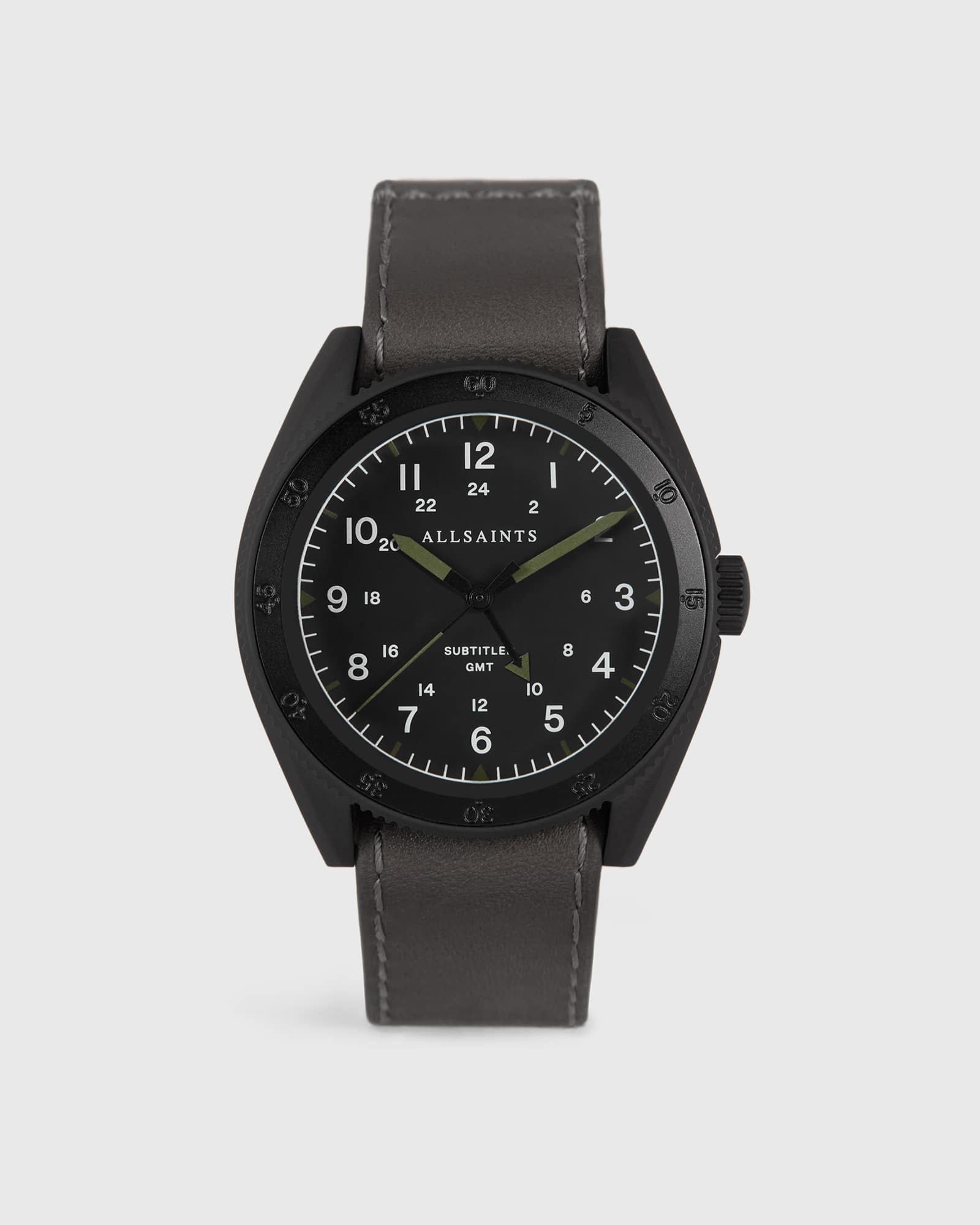 AllSaints Men's Subtitled GMT IV Matte Black Stainless Steel and Slate Leather Watch, Grey