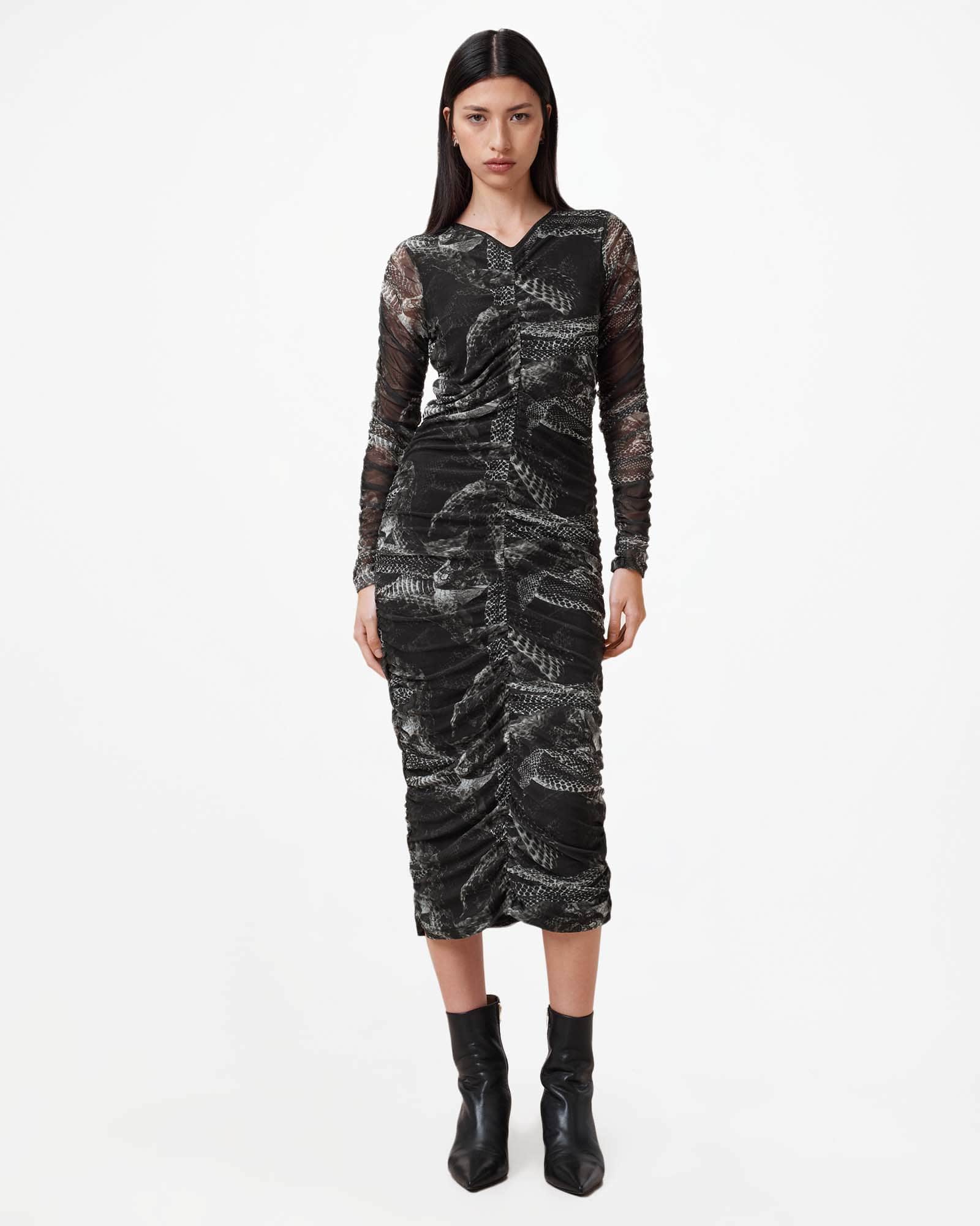 AllSaints Keiko Mesh Gathered V-Neck Midi Dress