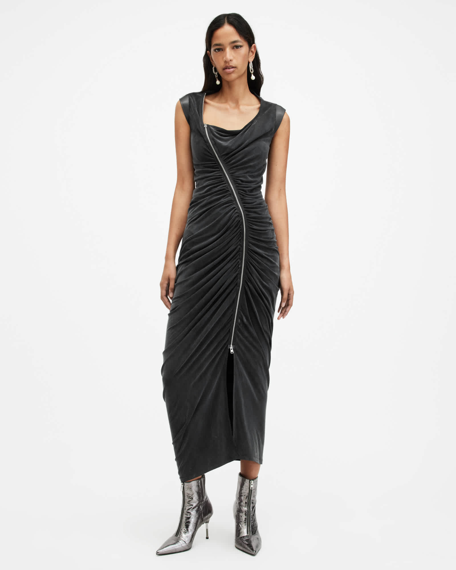 AllSaints Umbra Draped Zip Slim Fit Dress