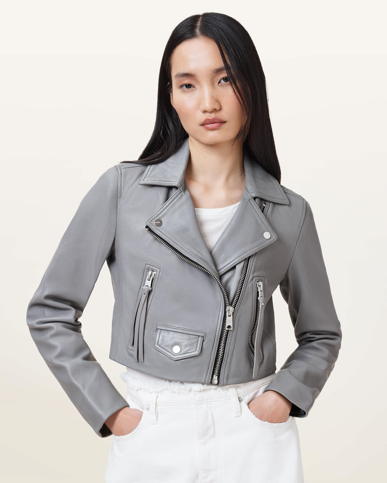 AllSaints Elora Cropped Slim Leather Biker Jacket
