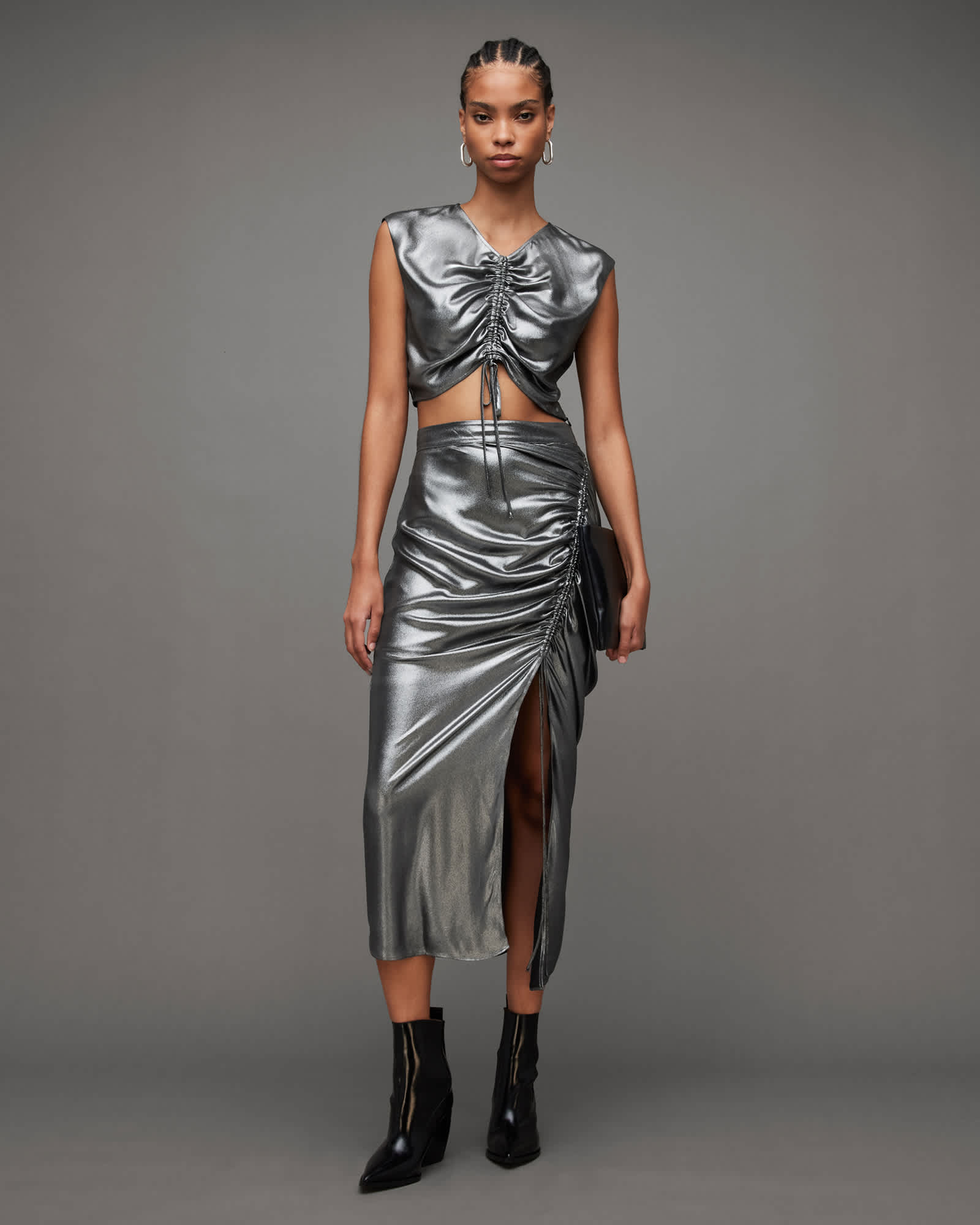 AllSaints Carla Gathered Metallic Cropped Top