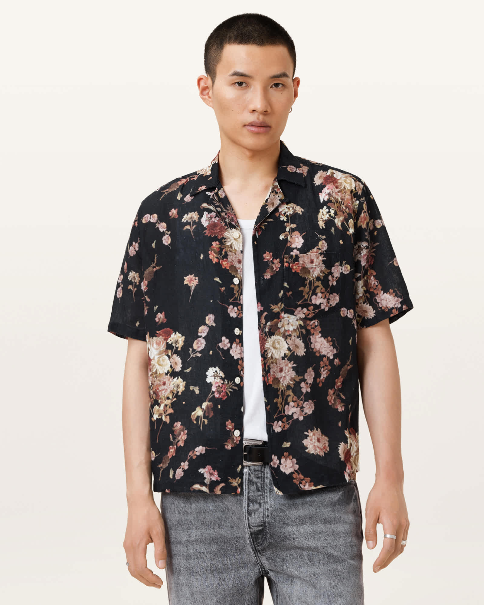 Armada Floral Linen Shirt Jet Black | ALLSAINTS US
