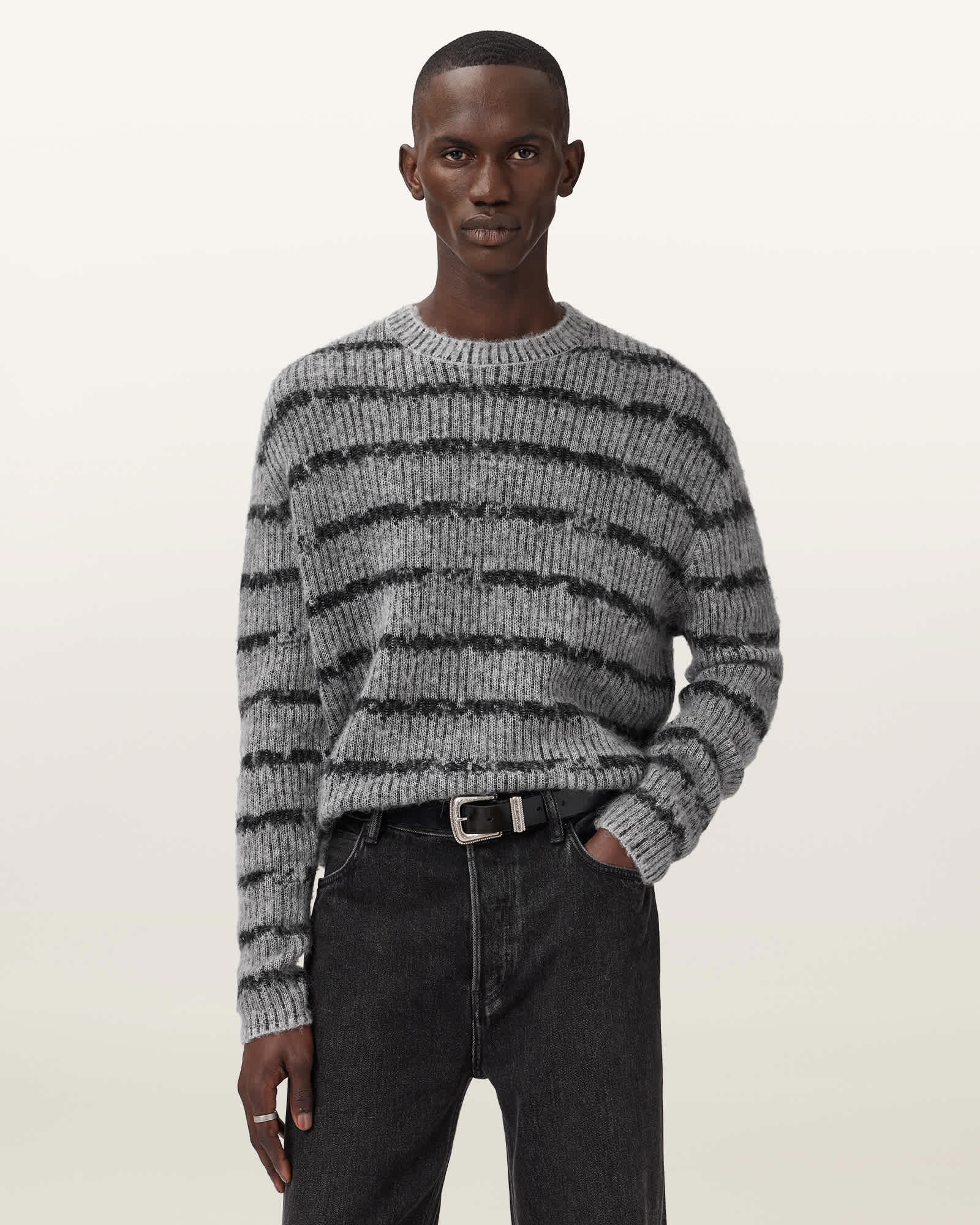 Dissolved Crew Neck Striped Sweater Grey/Black | ALLSAINTS US