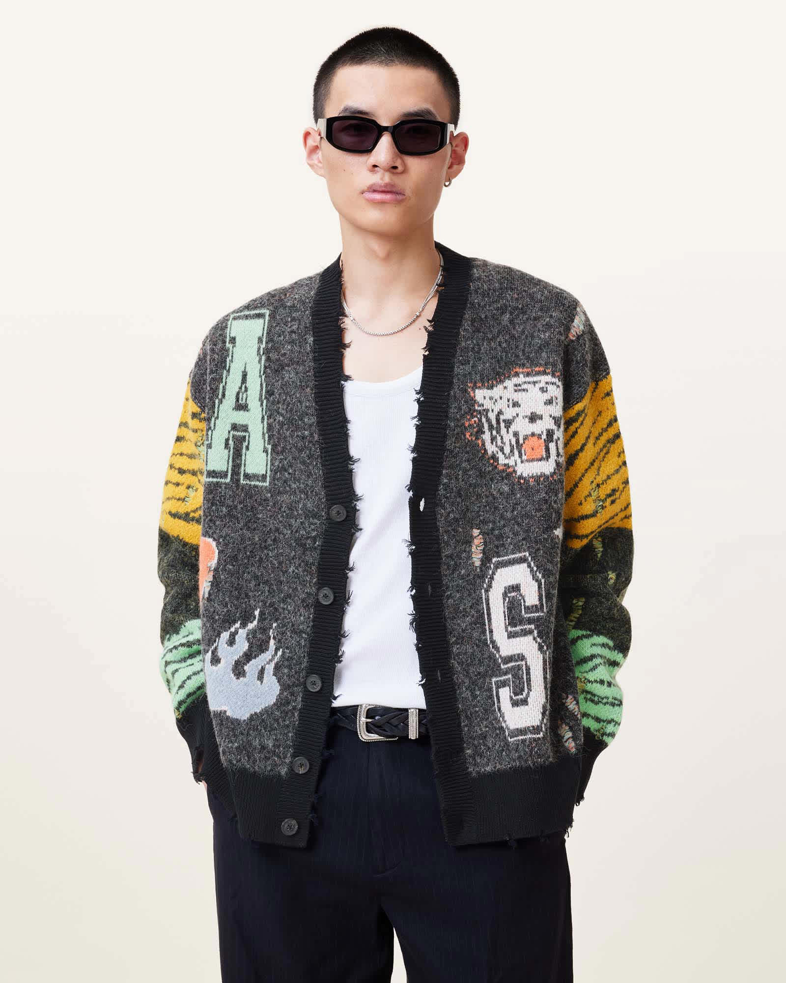 Akki Oversized Jacquard Cardigan Charcoal Grey | ALLSAINTS US Akki Oversized Jacquard Cardigan Charcoal Grey | ALLSAINTS US