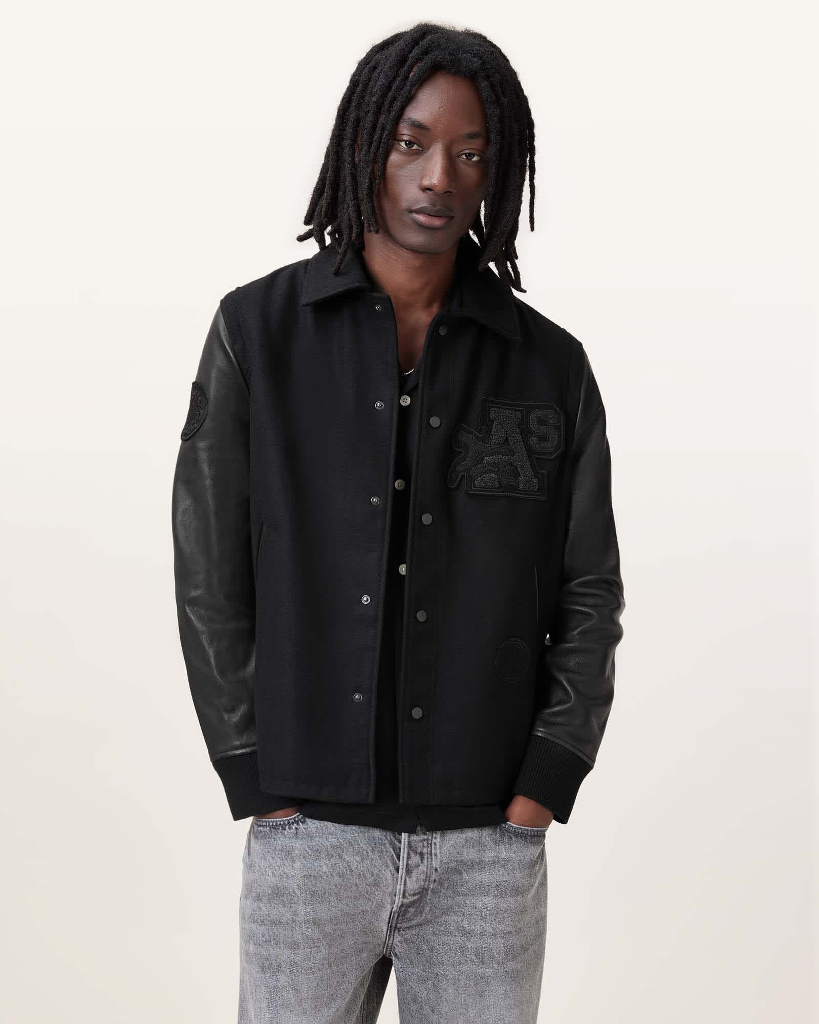 Warrenton Leather Sleeve Bomber Jacket Black | ALLSAINTS
