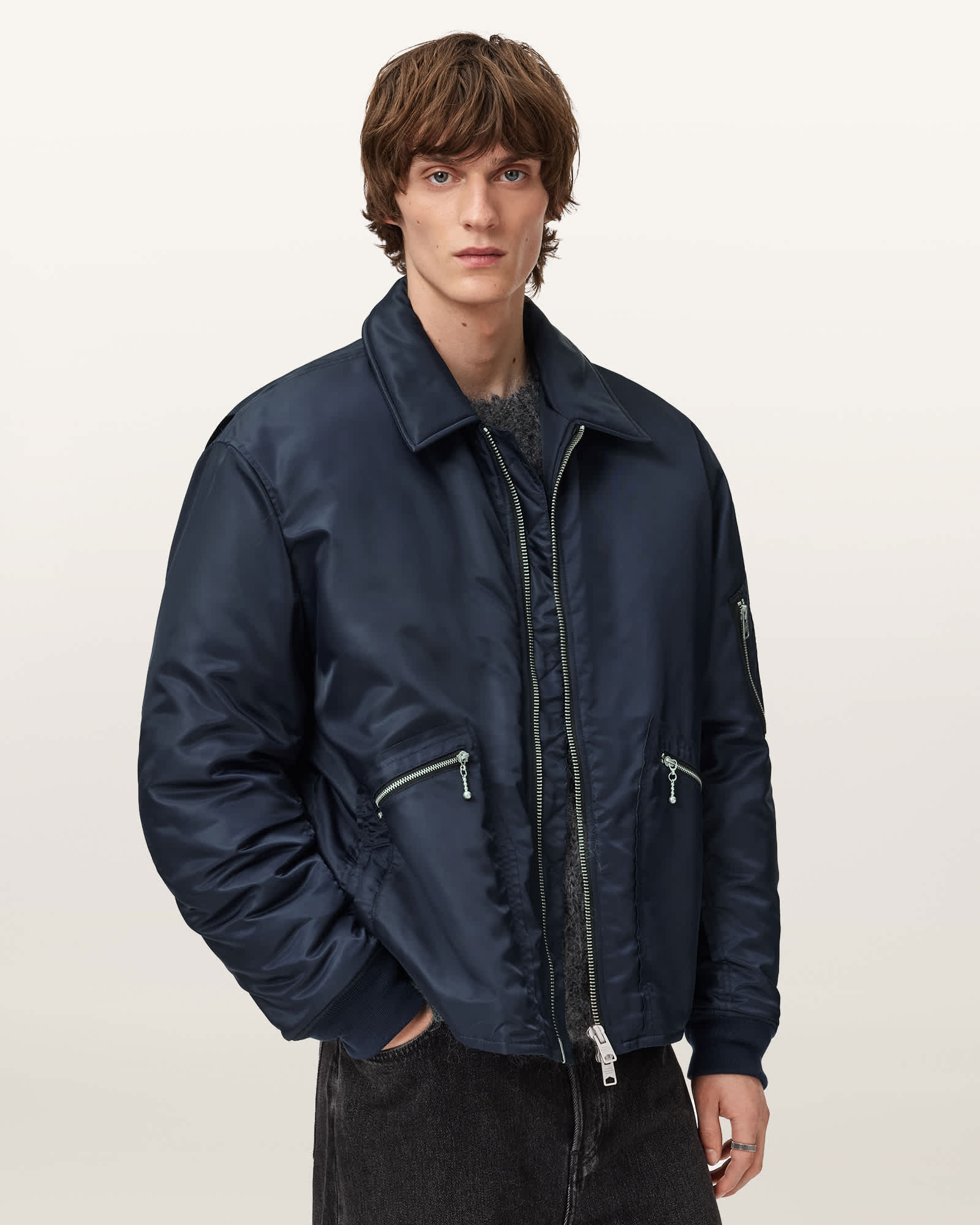 シックスタイル☆ライトブルゾン☆ミリタリーブルゾン Fallon Bomber Jacket MOONLIT BLUE | ALLSAINTS US