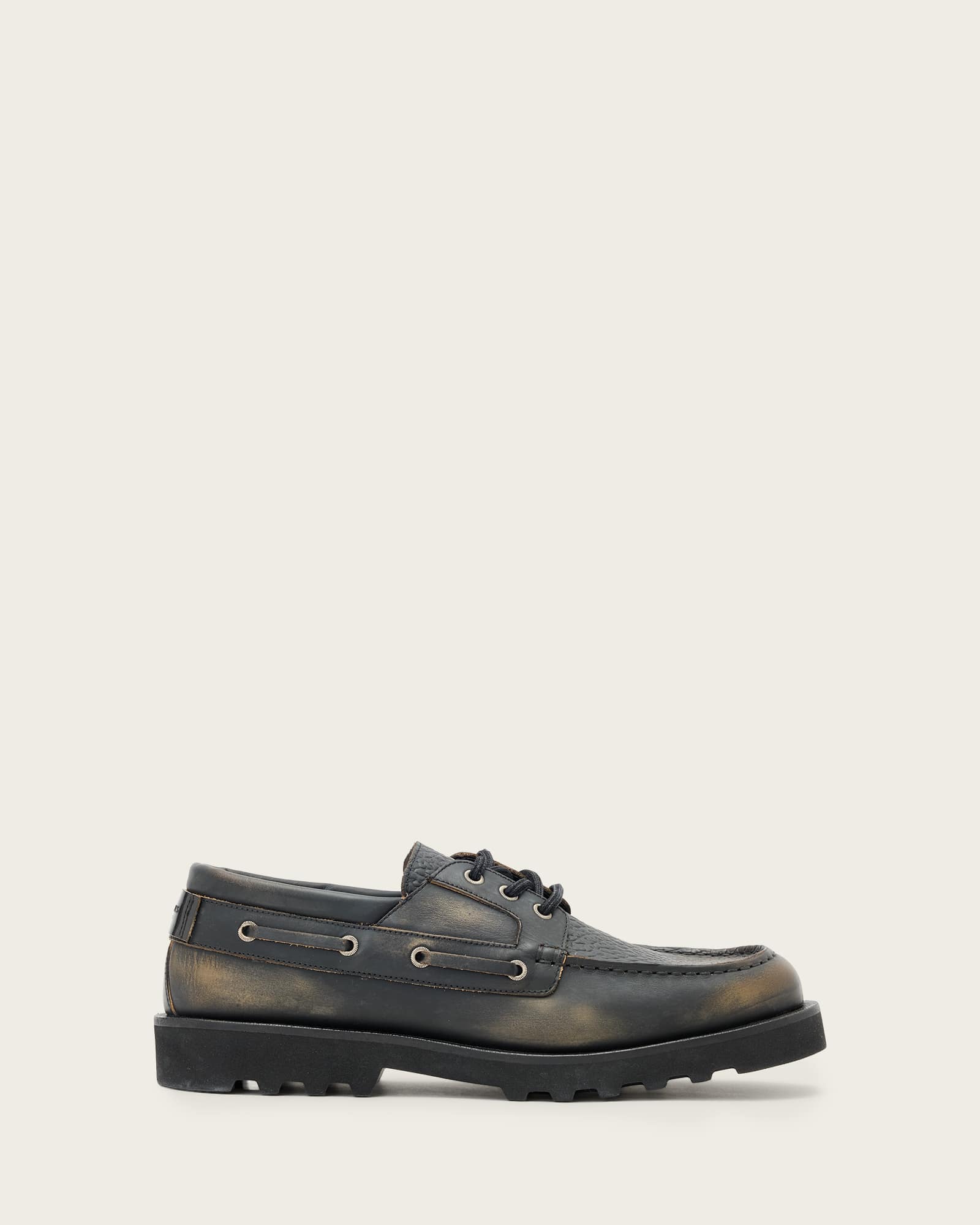 AllSaints Distressed Black/Brown Leather Skiff/Derby, Lug Sole Size 11.5/45 Skiff Derby Shoes BLACK GRAIN | ALLSAINTS US main image 2