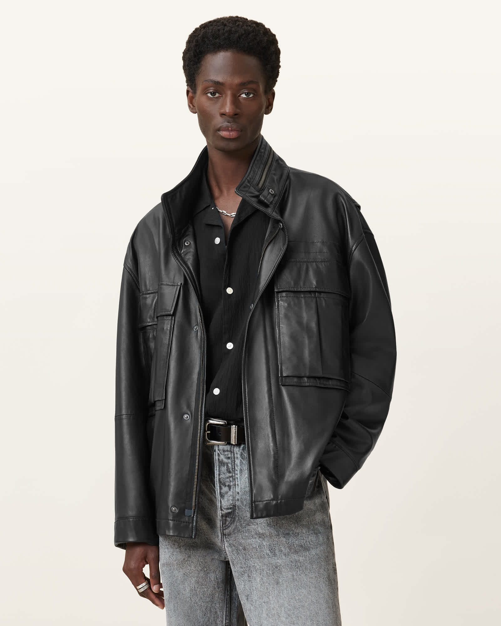 Halton Funnel Collar Leather Jacket Black | ALLSAINTS