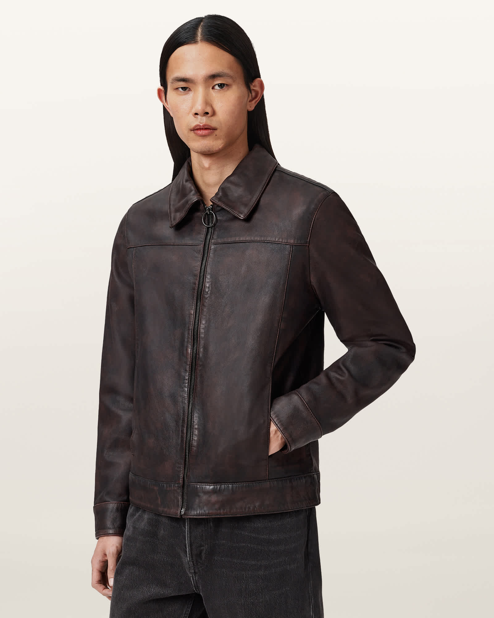 Alkan Zip Up Two Tone Leather Jacket OXBLOOD RED | ALLSAINTS US