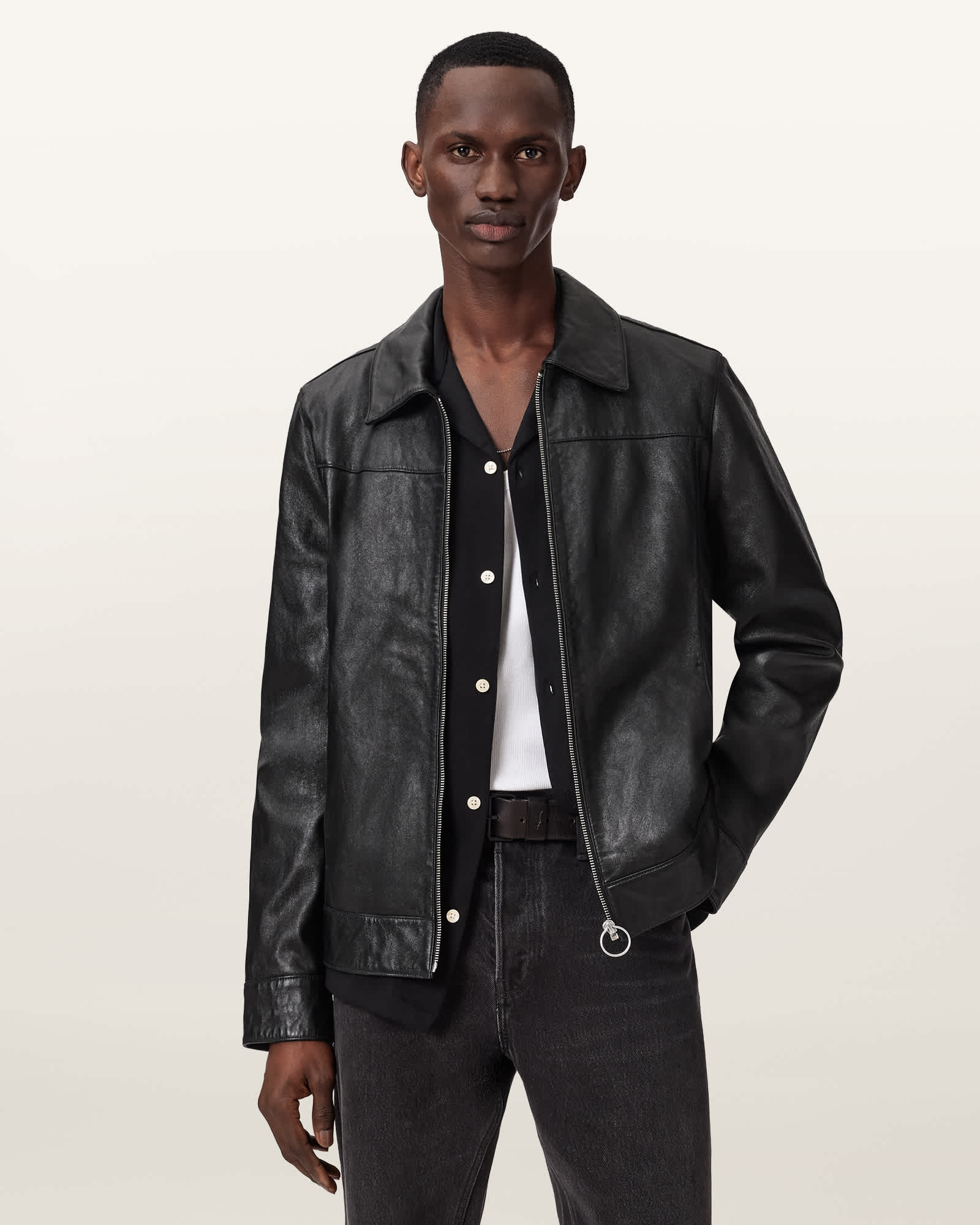 Alkan Zip Up Two Tone Leather Jacket Black | ALLSAINTS Canada