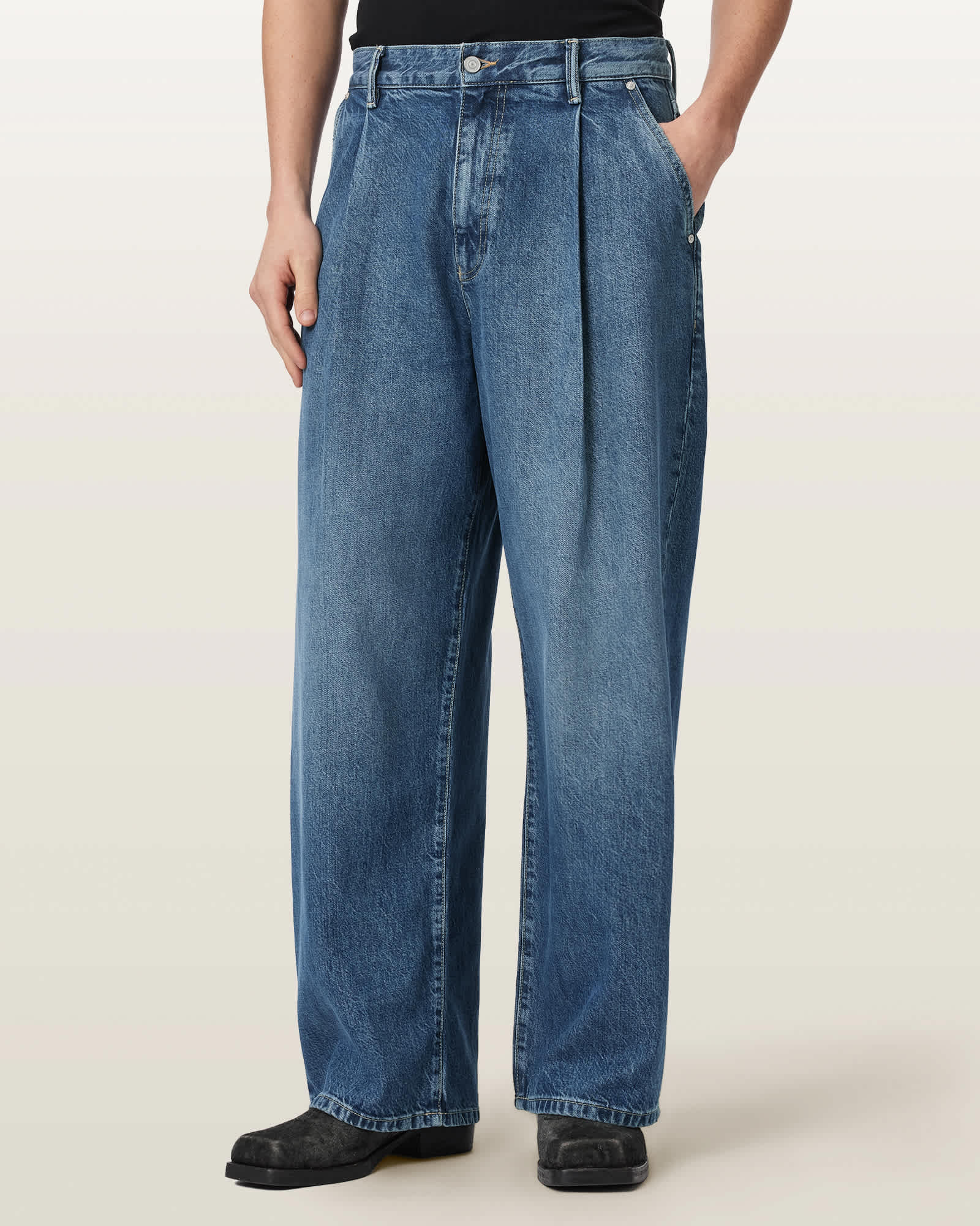 Daze Pleated Wide Leg Jeans Mid Indigo | ALLSAINTS Canada