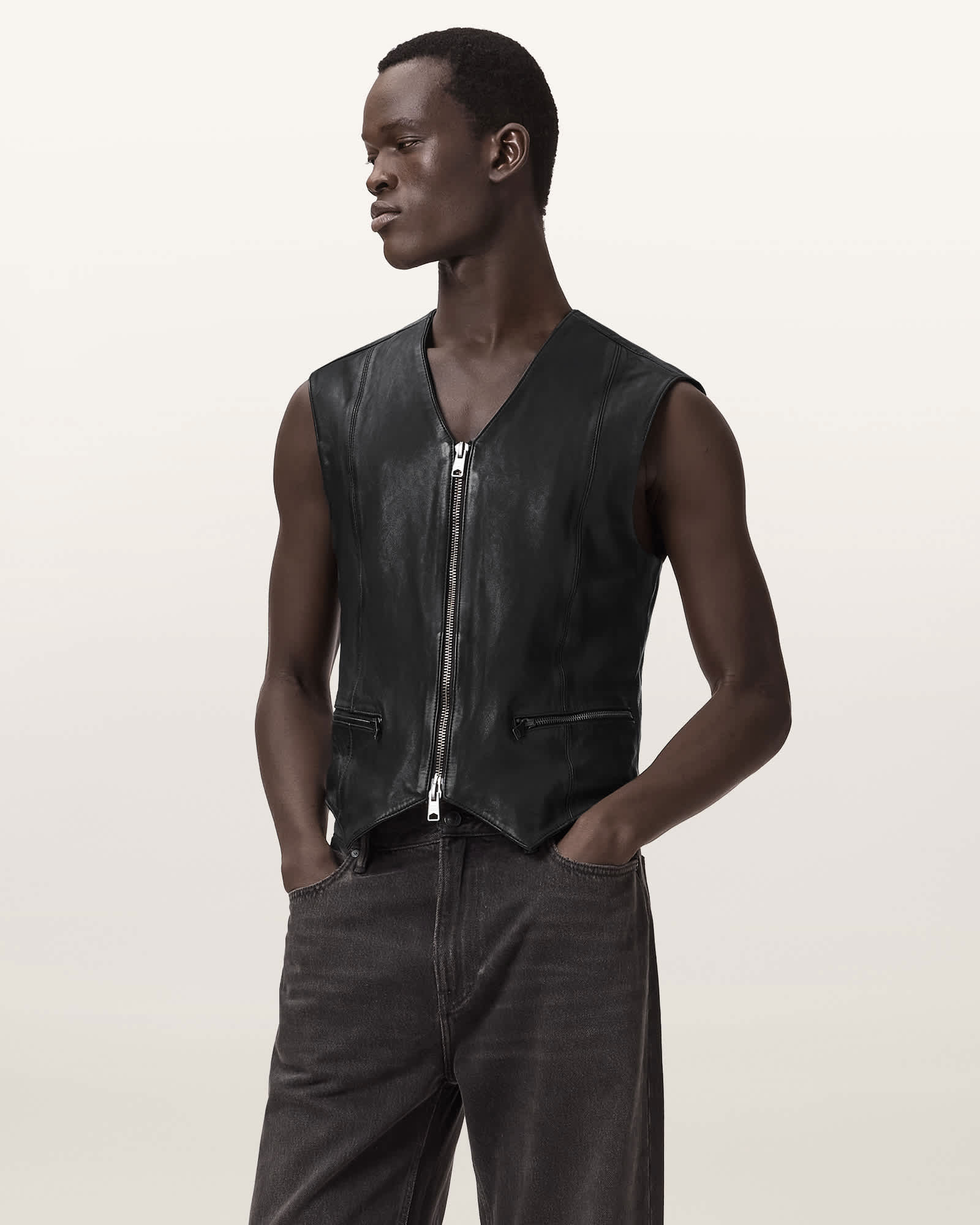 Davies Leather Waistcoat Black | ALLSAINTS