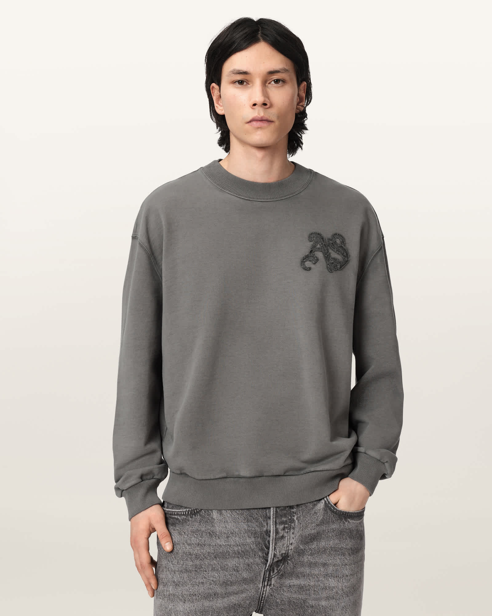 Insignia Crew Neck Cotton Sweatshirt Washed Black | ALLSAINTS US