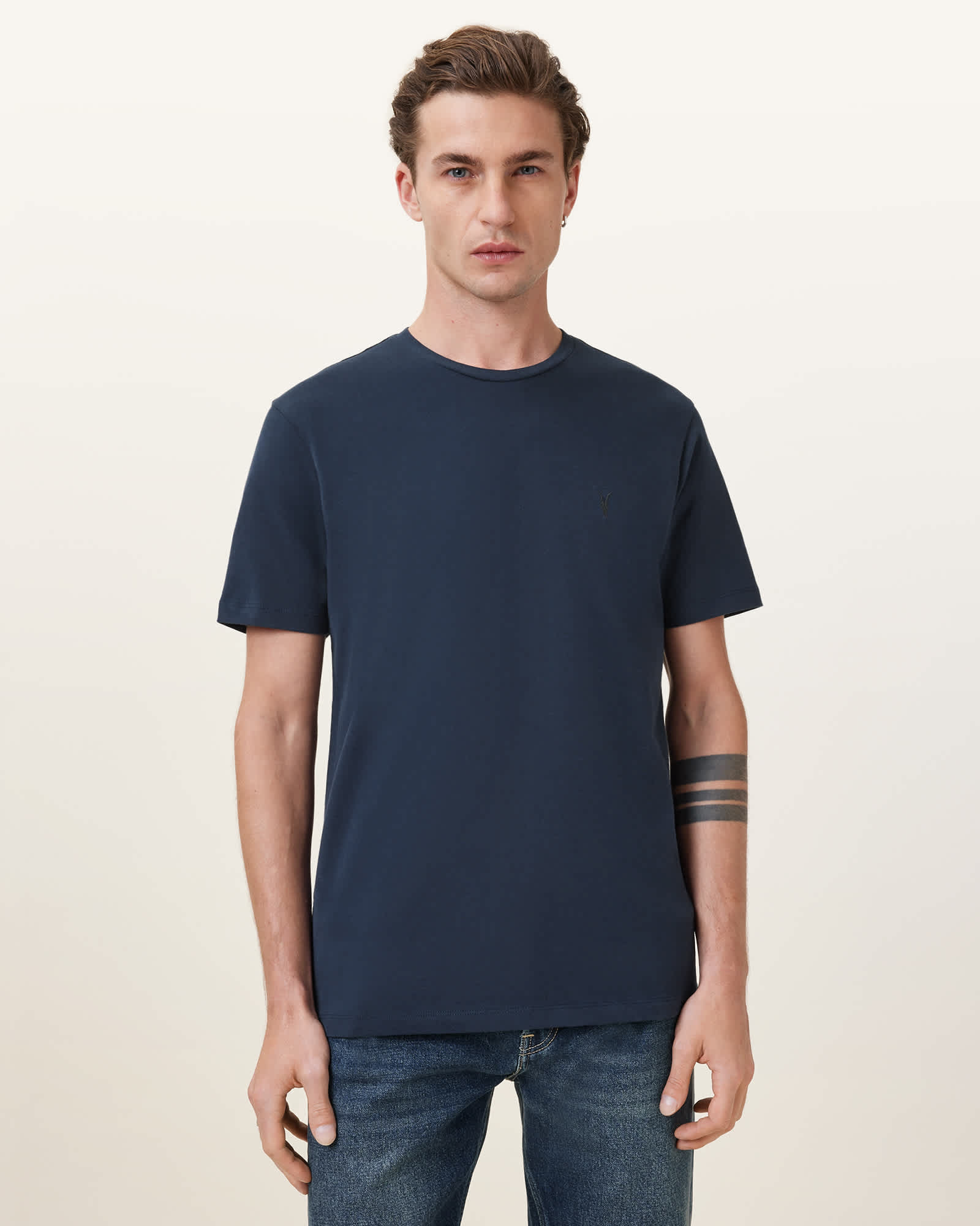 ★ALLSAINTS★ support tee WM223Y8392 Brace Brushed Cotton Crew Neck T-Shirt NAVY BLUE | ALLSAINTS US