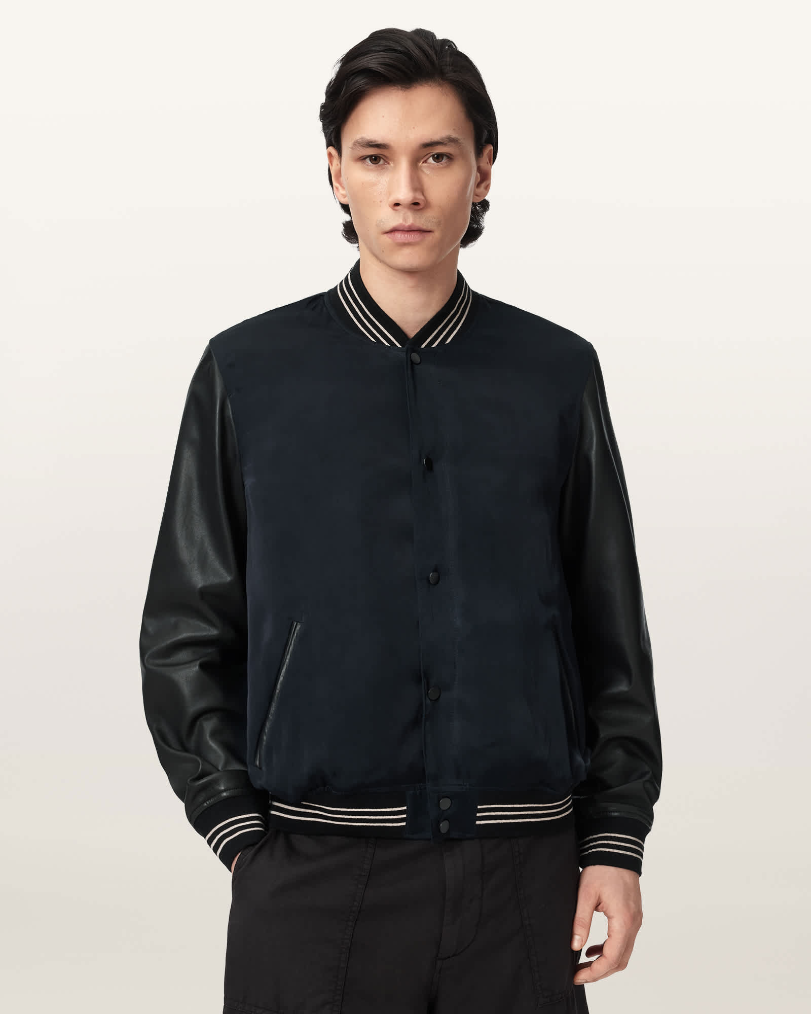 Taishi Leather Varsity Bomber Jacket Navy/Black | ALLSAINTS US