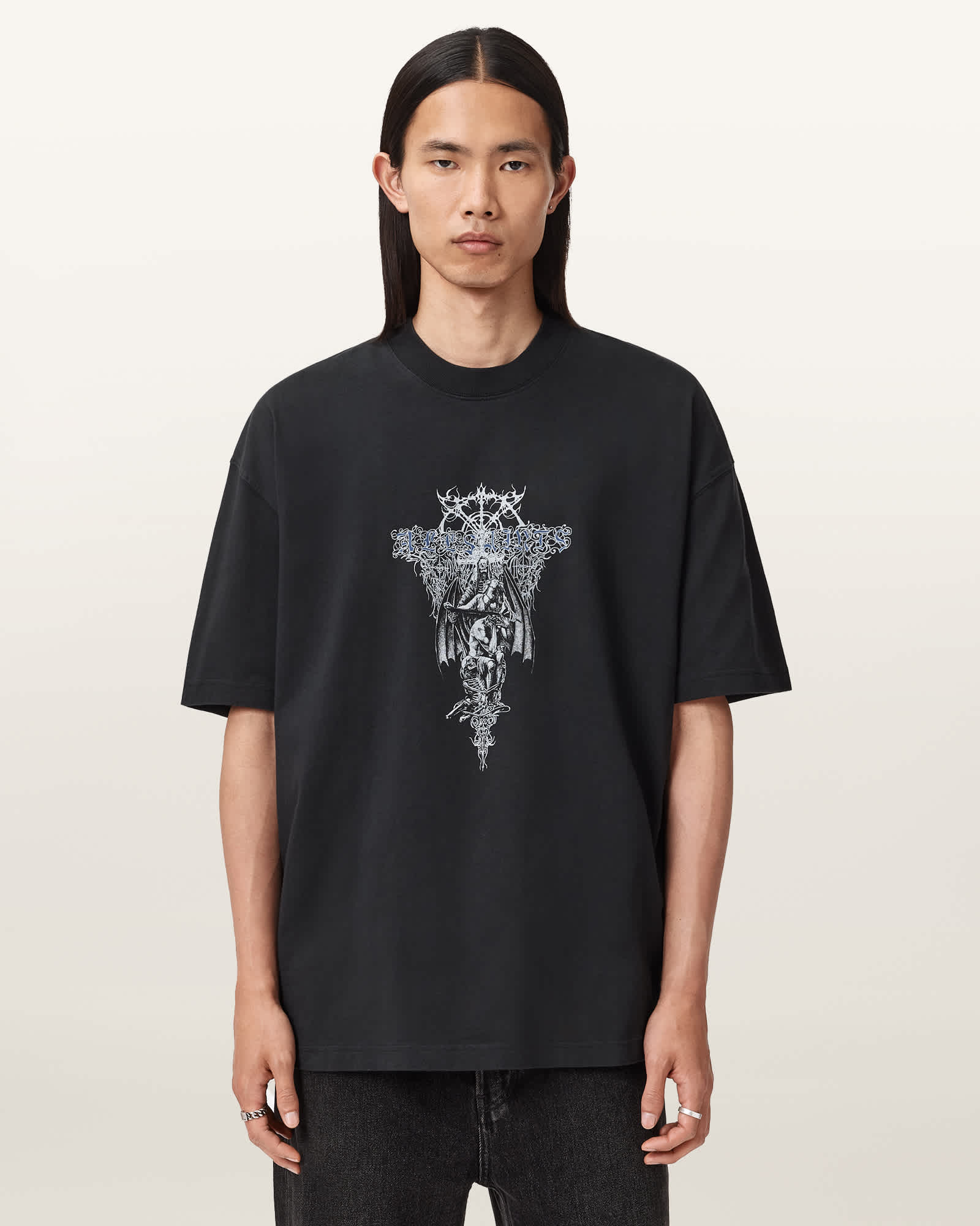 Swords Oversized Graphic T-Shirt Washed Black | ALLSAINTS US