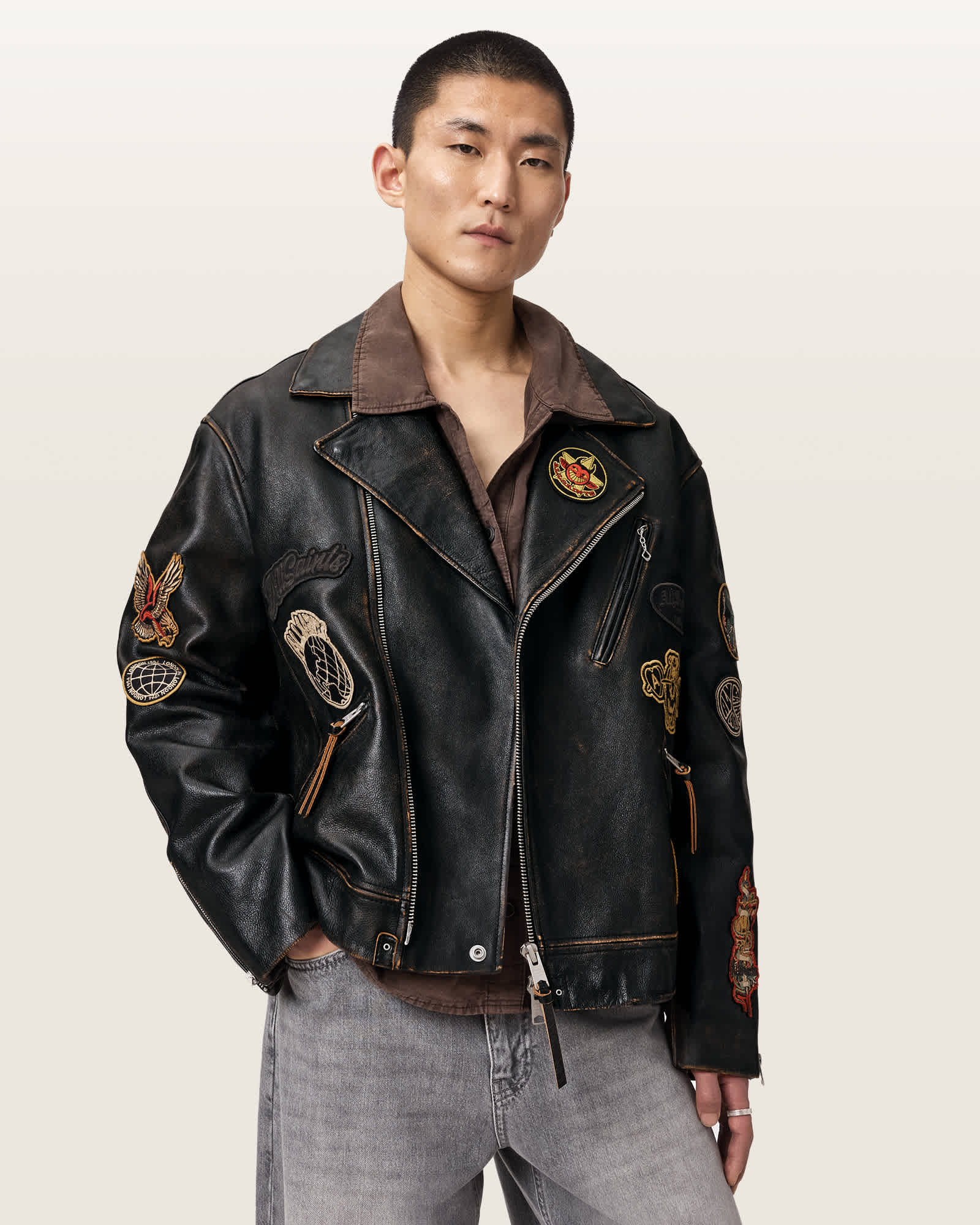 Hays Leather Biker Patch Jacket Vintage Black | ALLSAINTS Canada