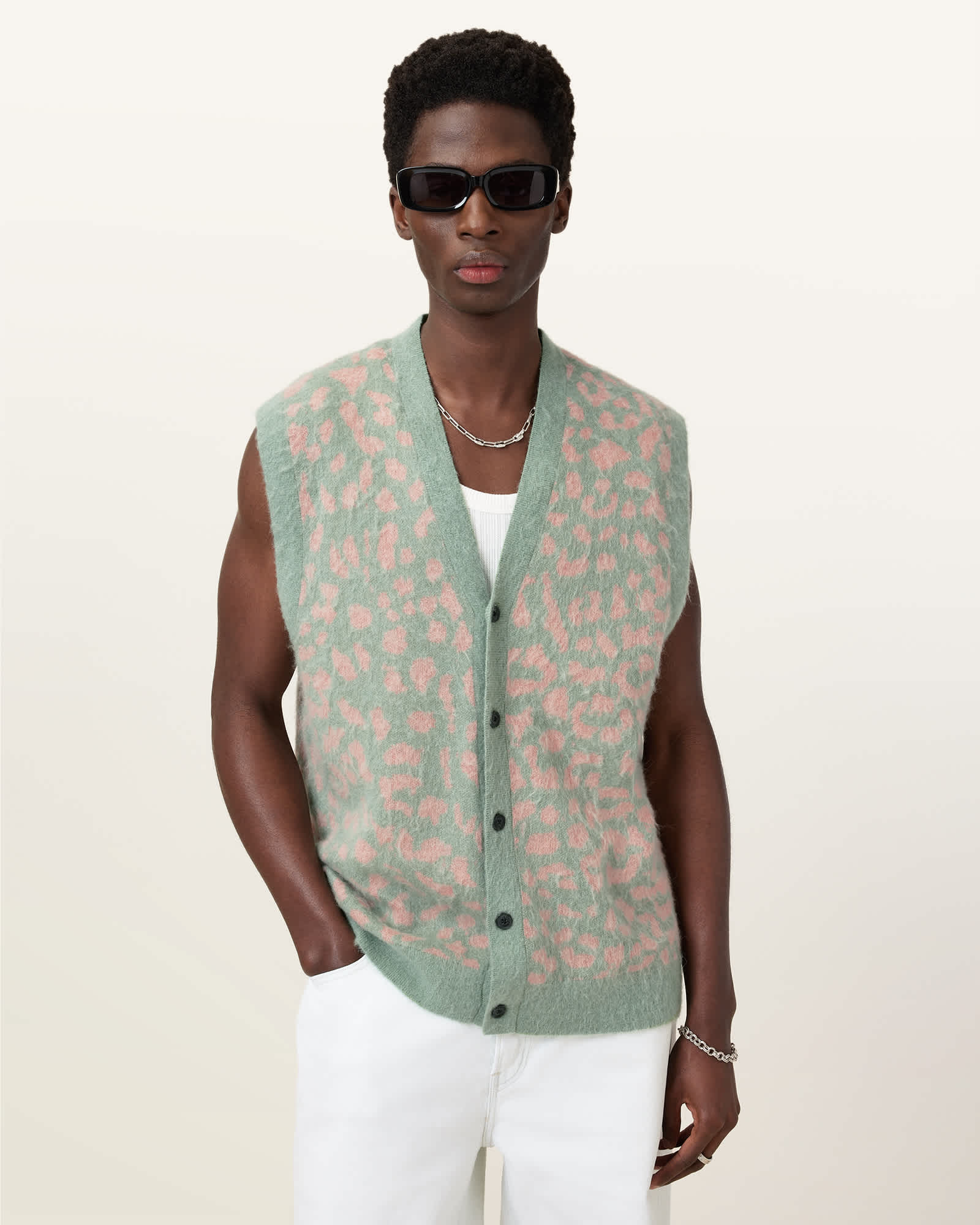 Serge Leopard Jacquard Vest MINERAL GREEN | ALLSAINTS US