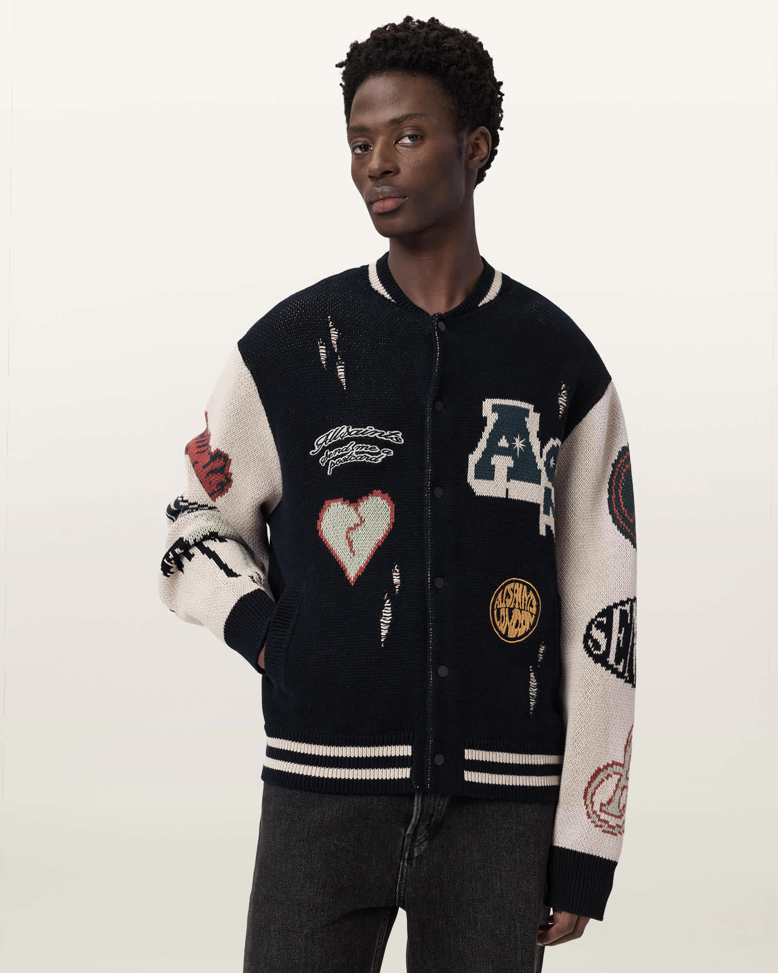 Chase Jacquard Knit Cardigan BLACK/ECRU WHITE | ALLSAINTS US