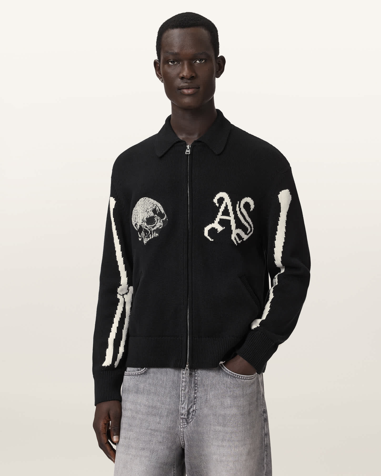 Adrian Zip Up Embroided Knitted Cardigan Black | ALLSAINTS US