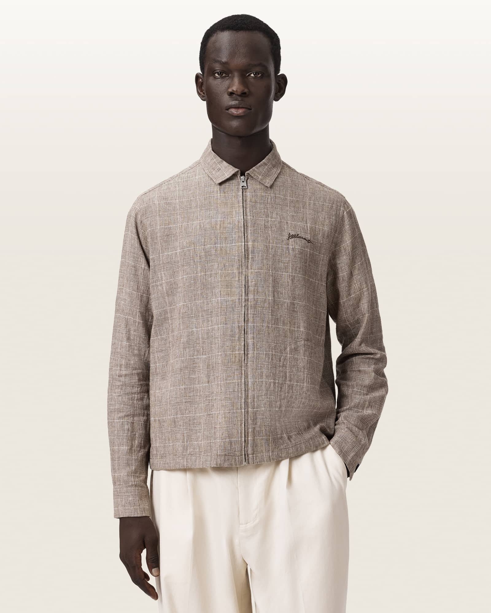 Keal Linen Blend Embroidered Check Jacket SEDIMENT BROWN