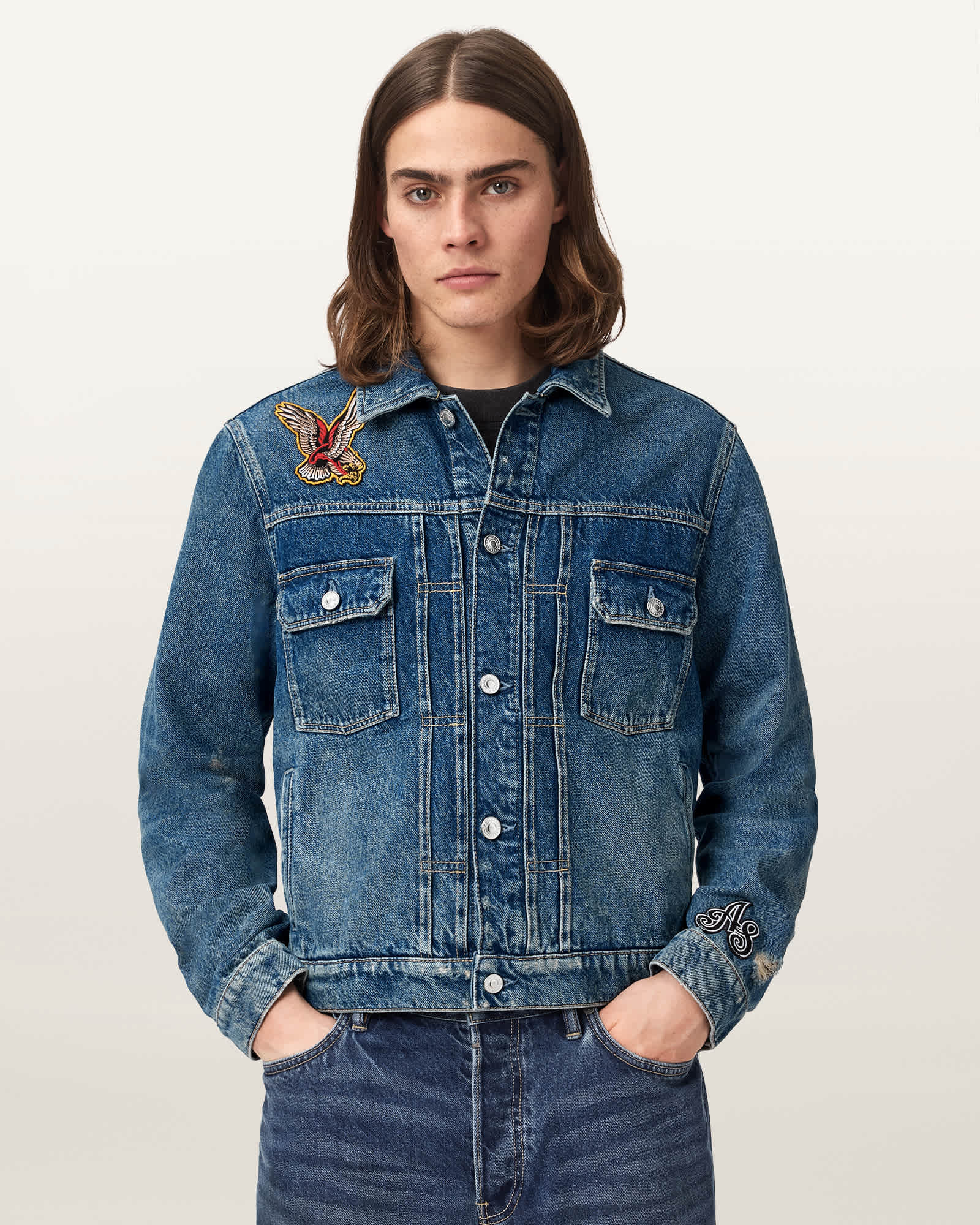 Exile Slim Fit Denim Patch Jacket Washed Indigo | ALLSAINTS