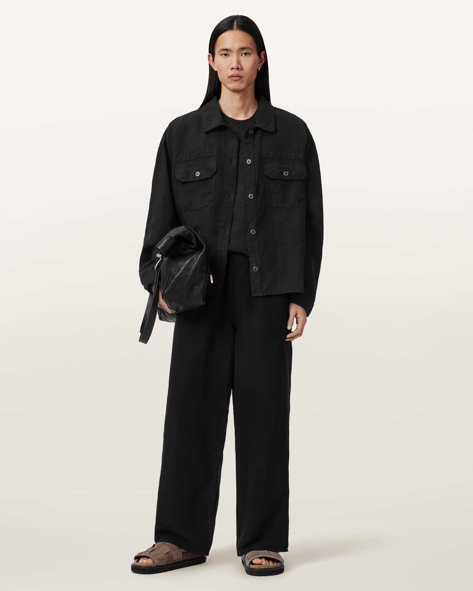 Korten Linen Blend Relaxed Fit Shacket Black | ALLSAINTS US