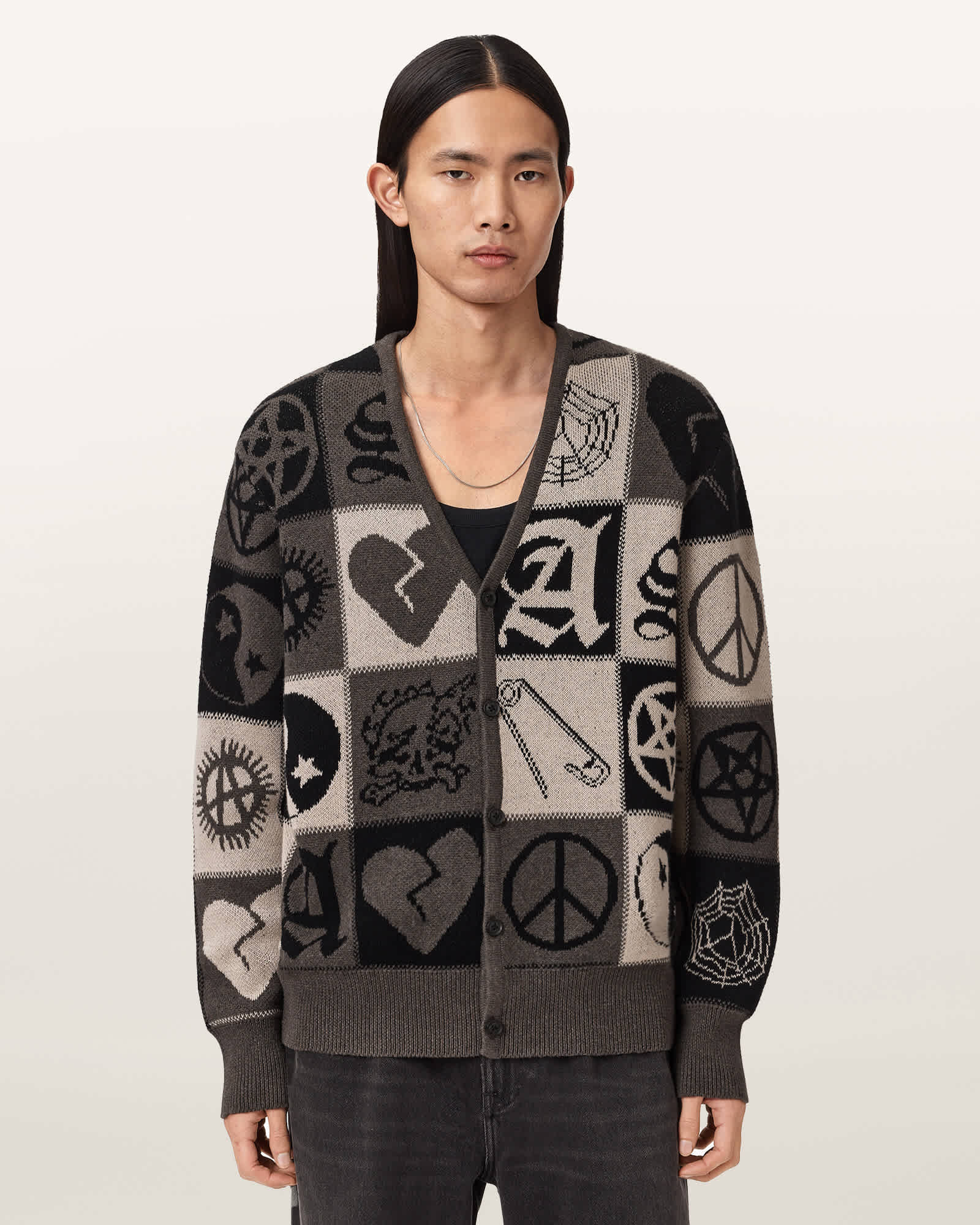 Barker Jacquard Cotton Knit Cardigan TAUPE BROWN/BLACK | ALLSAINTS US