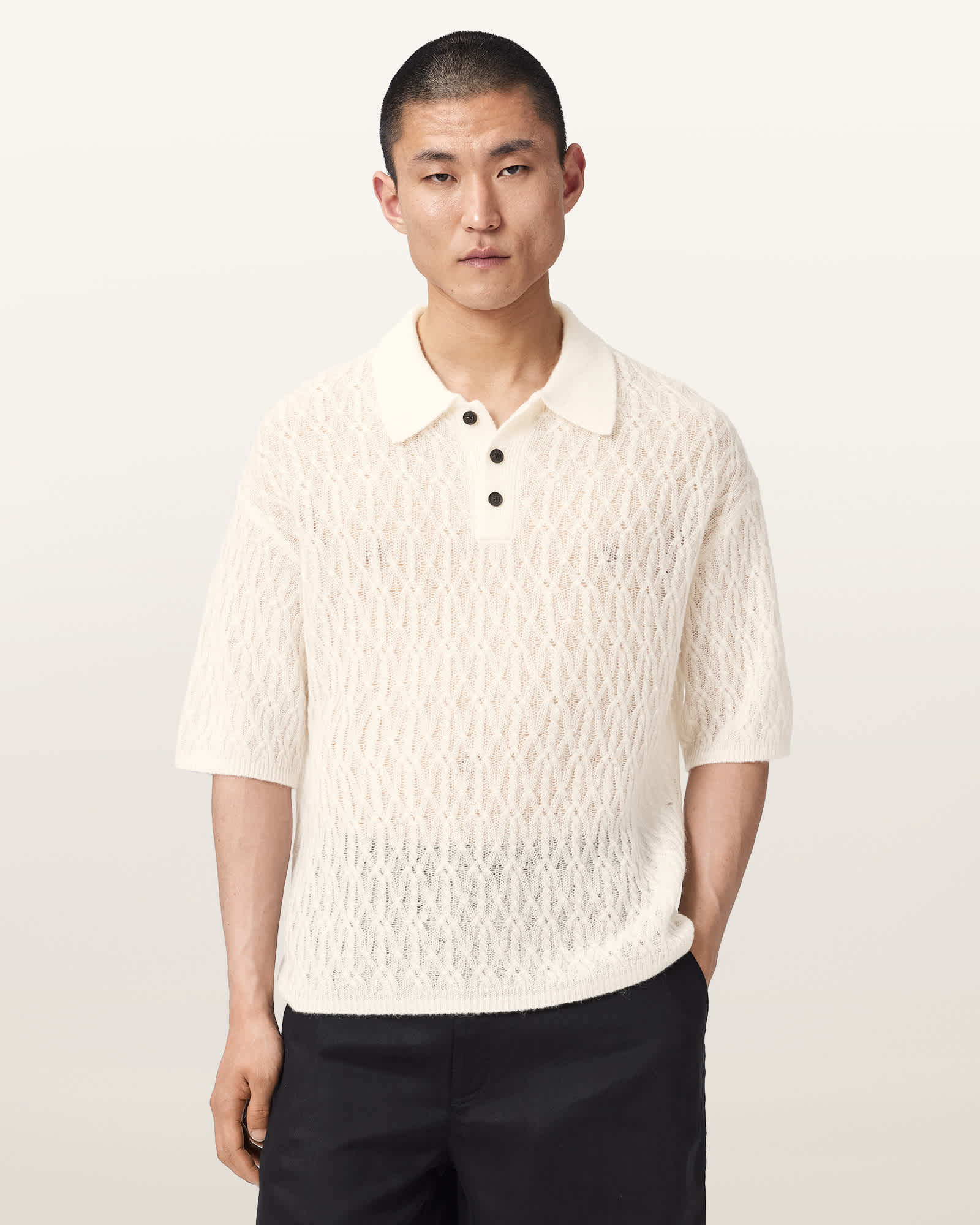 Cyclone Short Sleeve Cable Polo ECRU WHITE | ALLSAINTS US