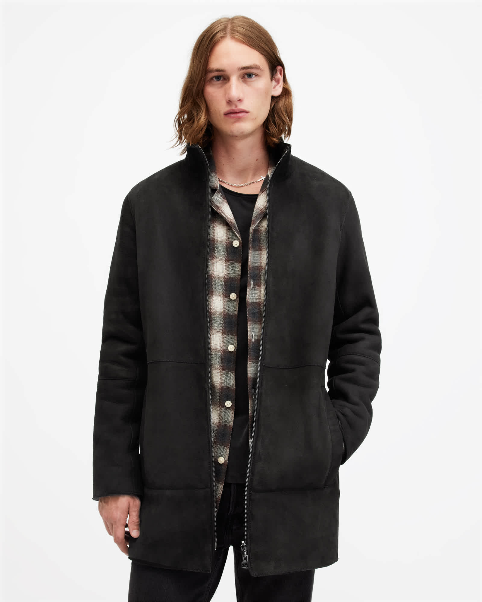 商品画像：ALLSAINTS Walbrook Shearling Shirt in Pebble | endource 1