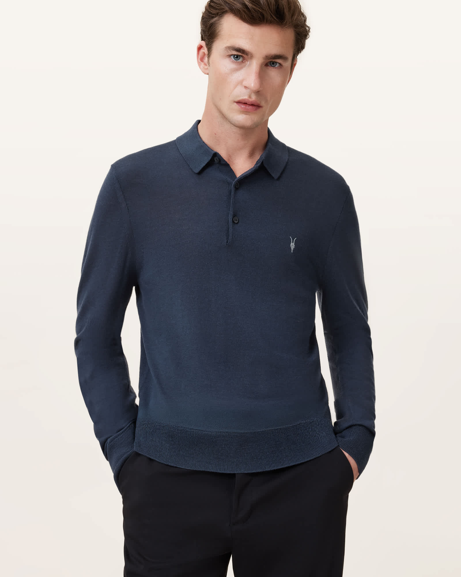 Mode Merino Long Sleeve Ramskull Polo Shirt NAVY BLUE | ALLSAINTS