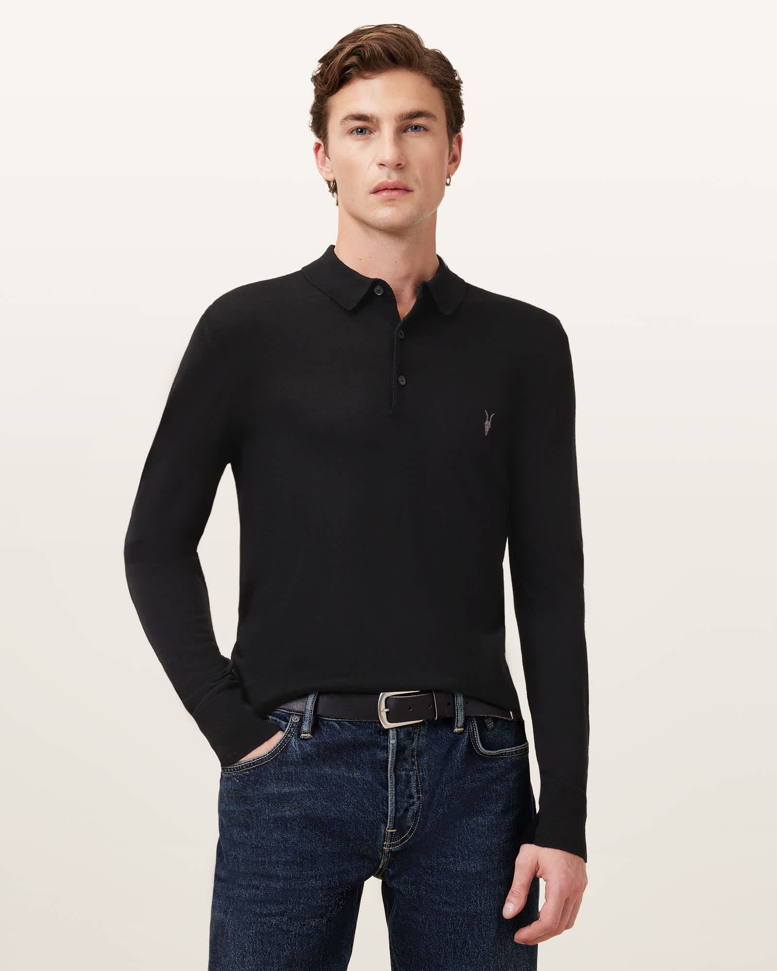 Mode Merino Long Sleeve Ramskull Polo Shirt Black | ALLSAINTS US