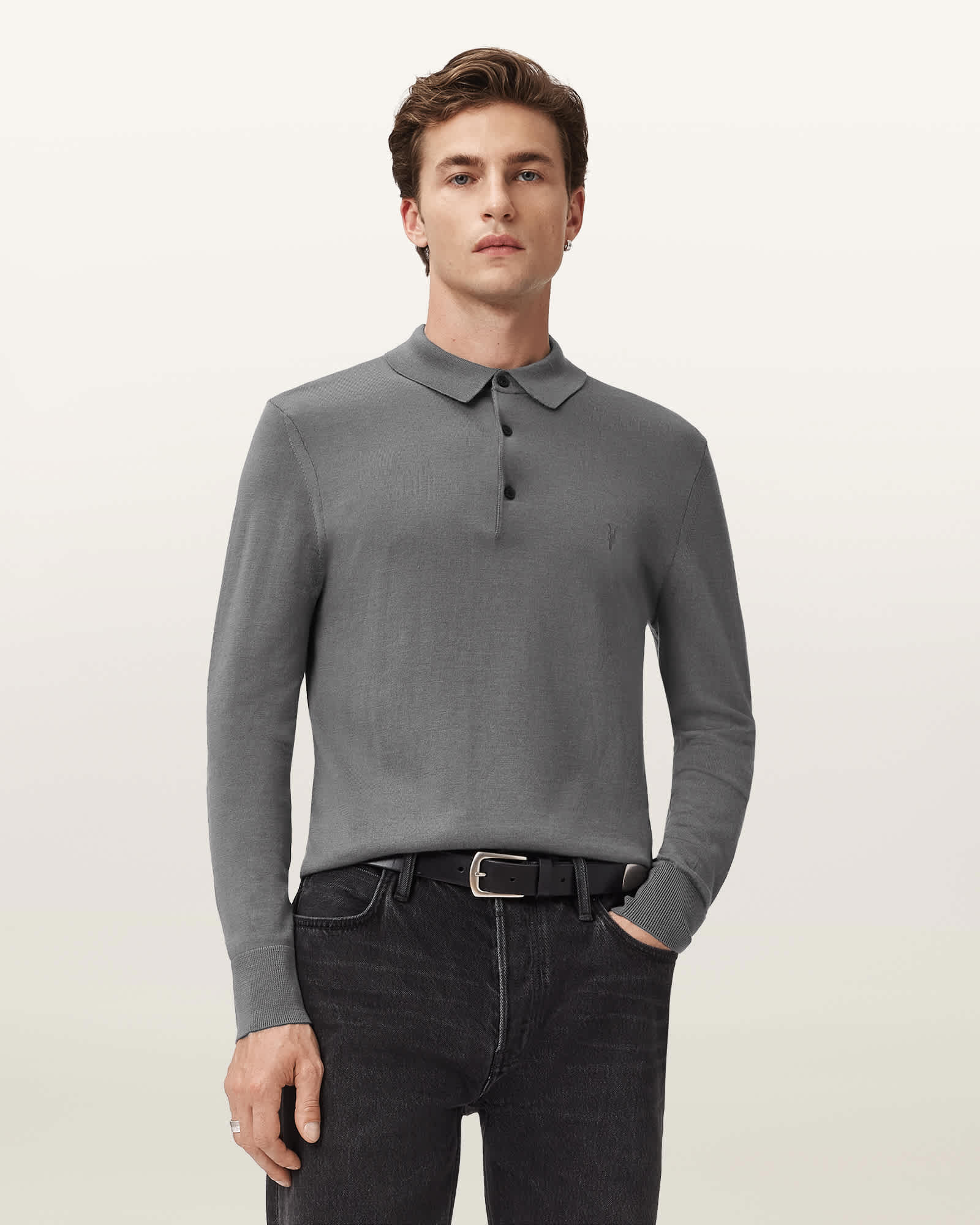 Mode Merino Long Sleeve Polo Shirt ASHER GREY | ALLSAINTS US