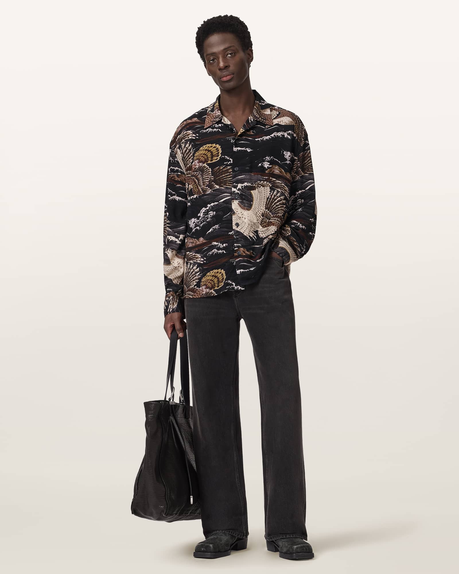 Corsican Printed Oversized Shirt Jet Black | ALLSAINTS US