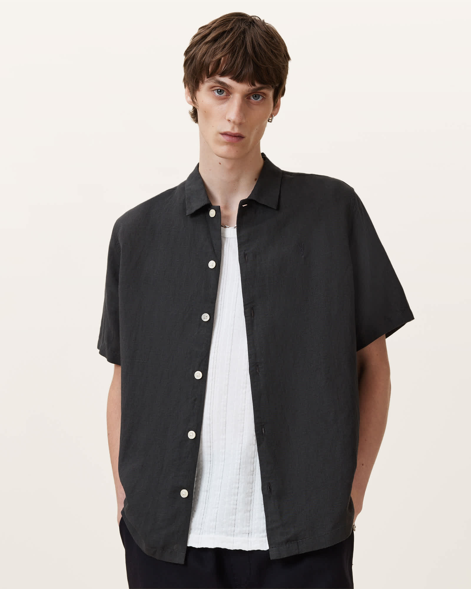 Allsaints Mens Bandol Relaxed-fit Short-sleeve Linen-blend Shirt Dark Charcoal Xl