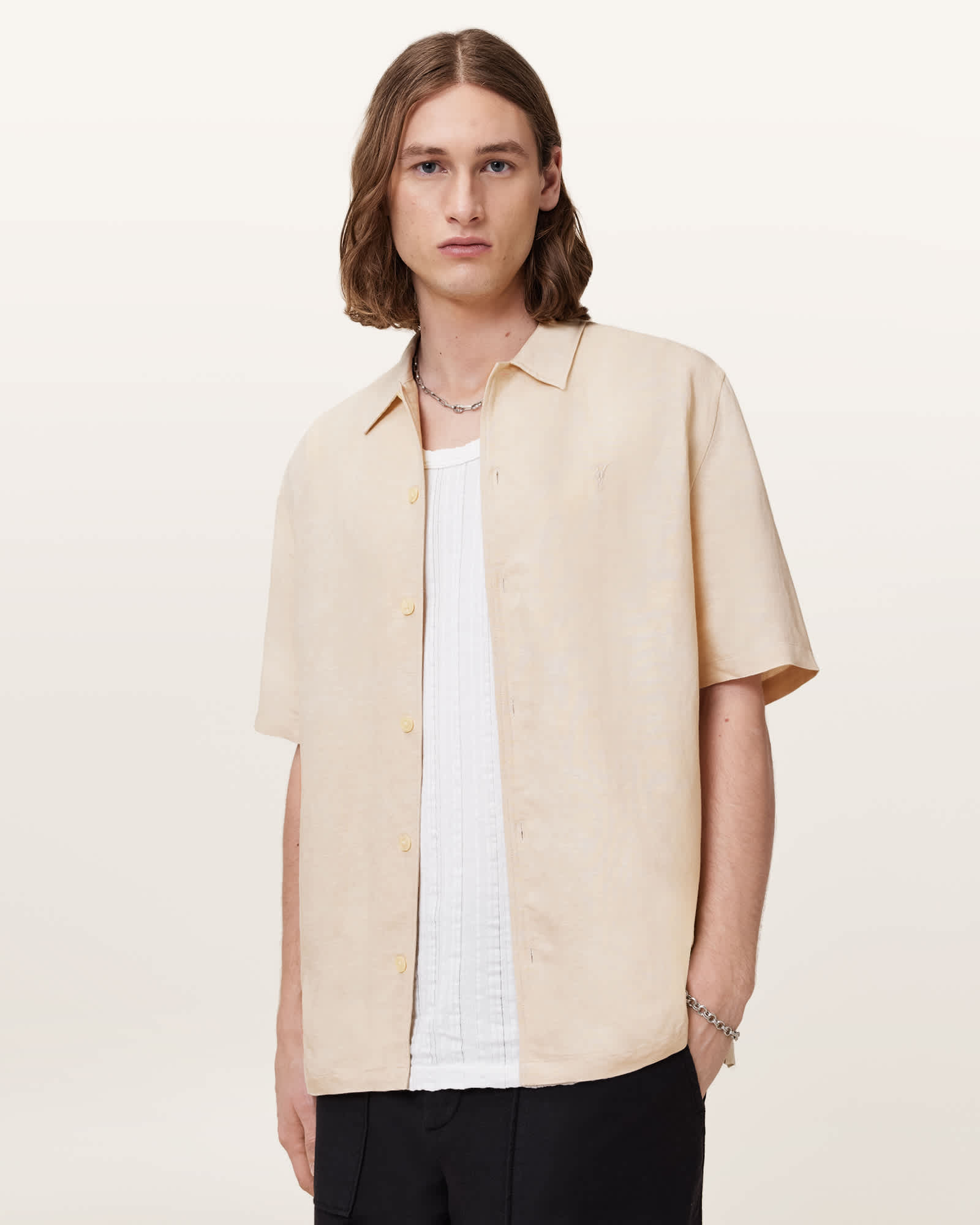 Allsaints Mens Hammock Taupe Bandol Relaxed-fit Short-sleeve Linen-blend Shirt Xxl In Neutral