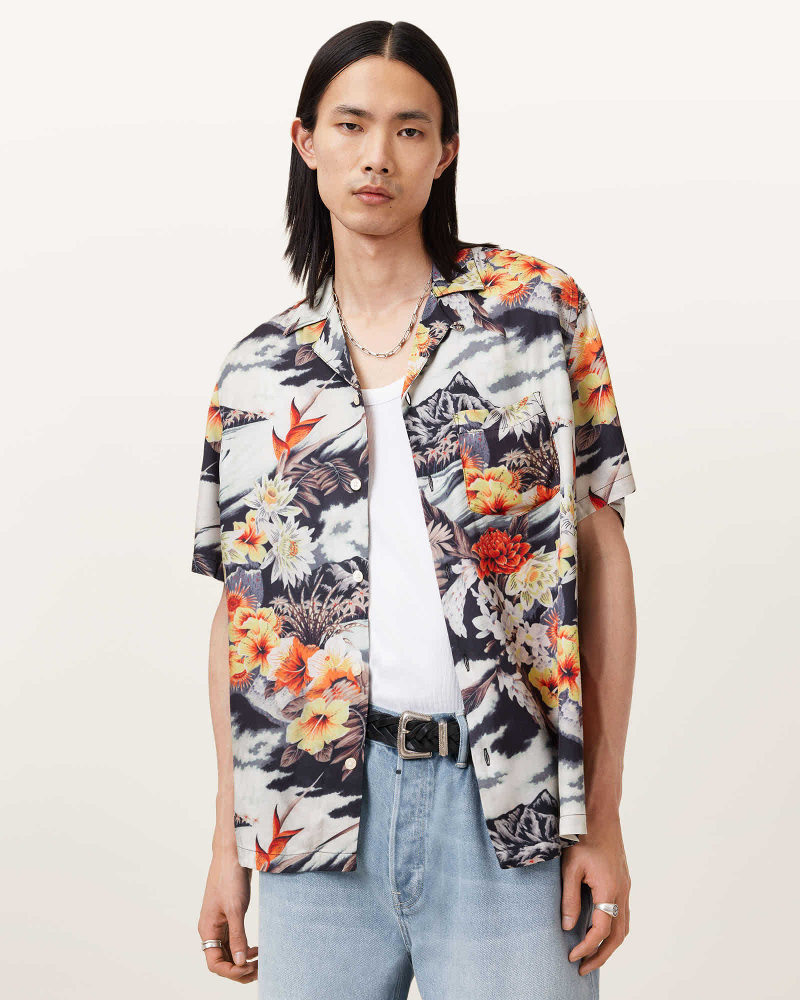 Allsaints Viscose Oscani Short Sleeve Printed Shirt In Multi