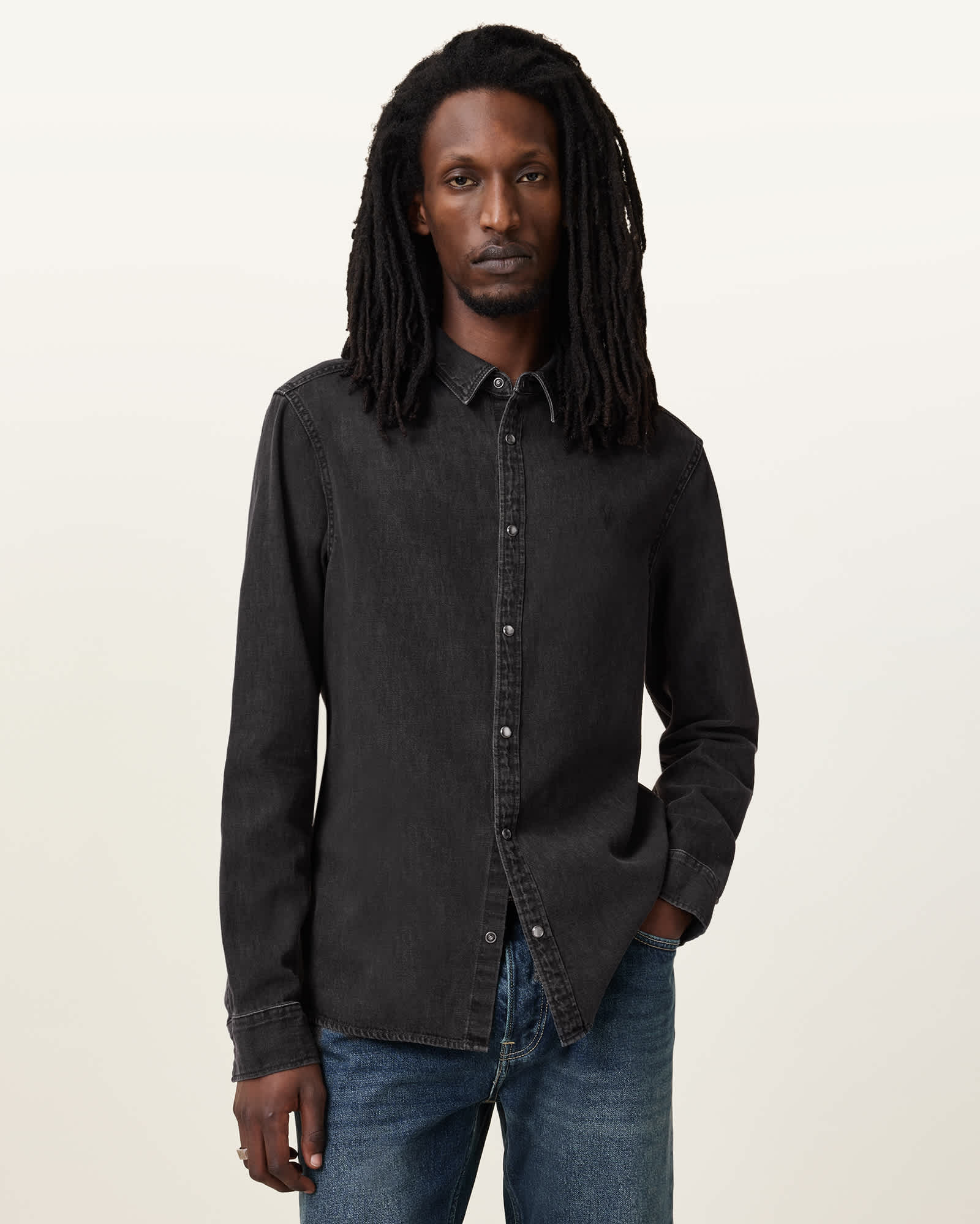 Gleason Press Stud Ramskull Denim Shirt Washed Black | ALLSAINTS