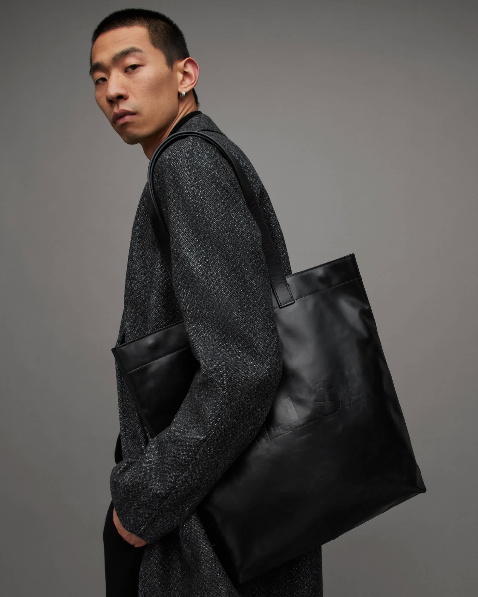 Yuto Embossed Leather Tote Bag Black | ALLSAINTS US
