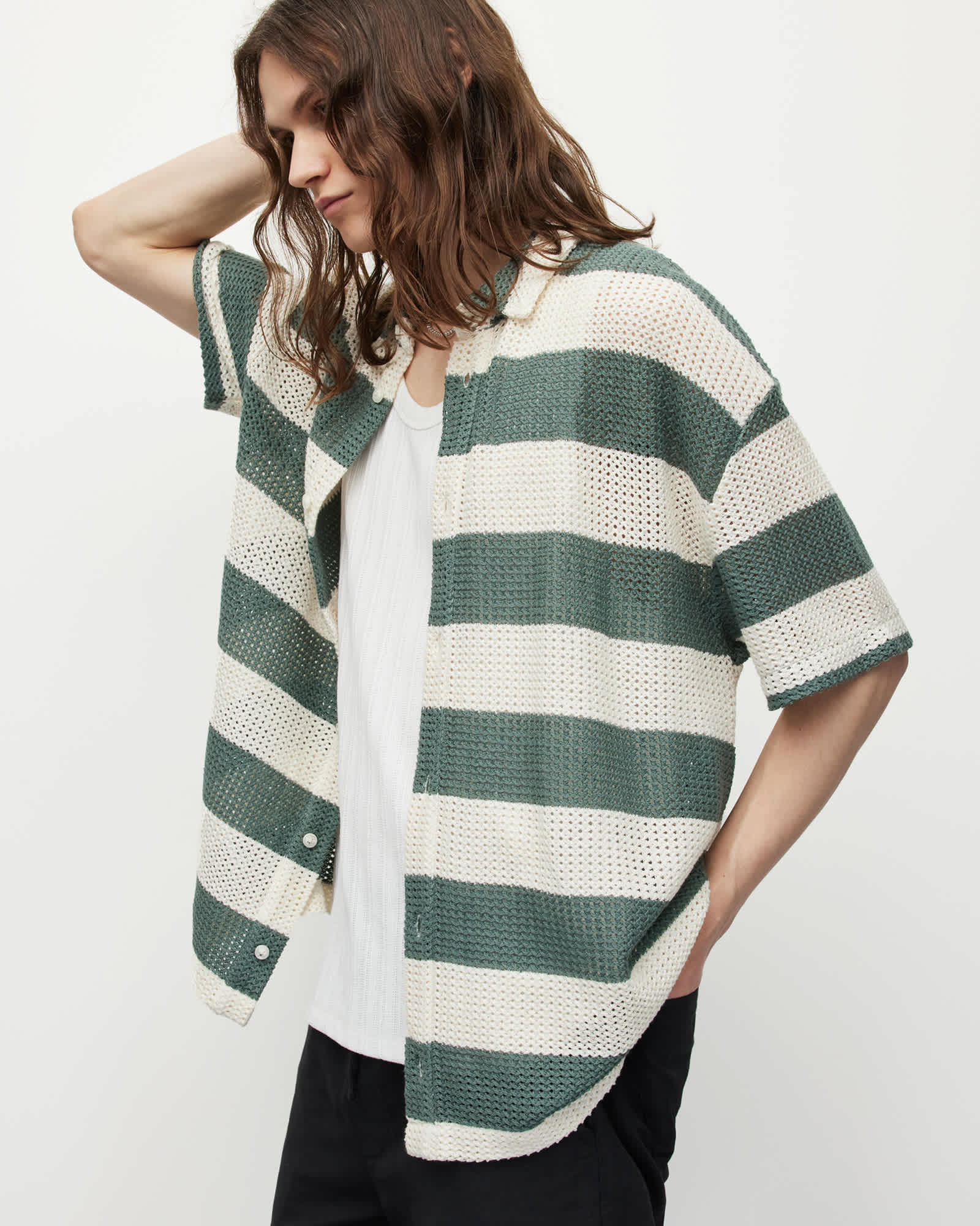 Munroe Open Stitch Mesh Striped Shirt CHLK WHT/GREEN | ALLSAINTS US