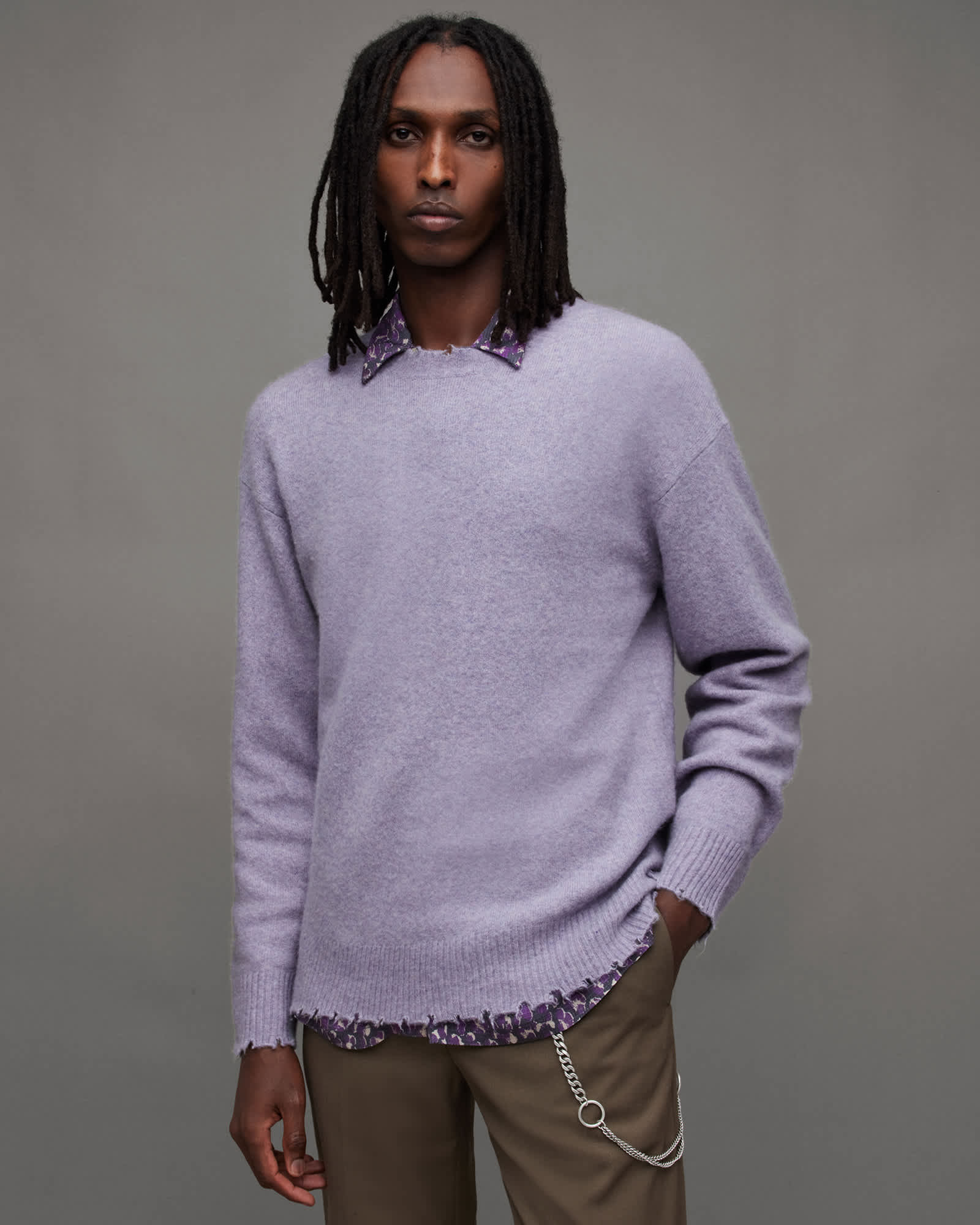 Luka Distressed Crew Neck Jumper LILAC PURPLE | ALLSAINTS Luka Distressed Crew Neck Jumper LILAC PURPLE | ALLSAINTS