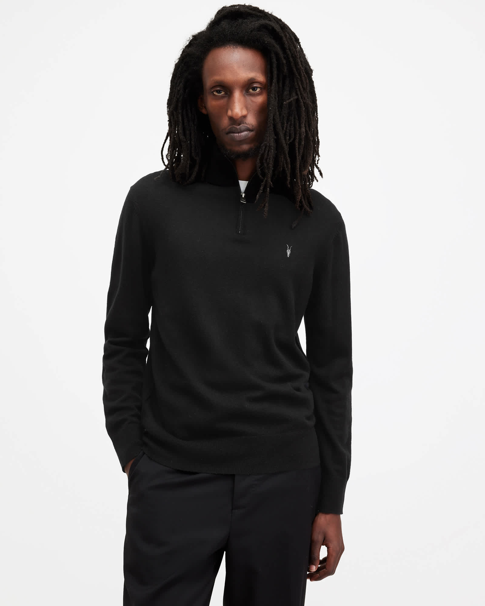 Kilburn Zip Funnel Neck Ramskull Sweater Black | ALLSAINTS US Kilburn Zip Funnel Neck Ramskull Sweater Black | ALLSAINTS US