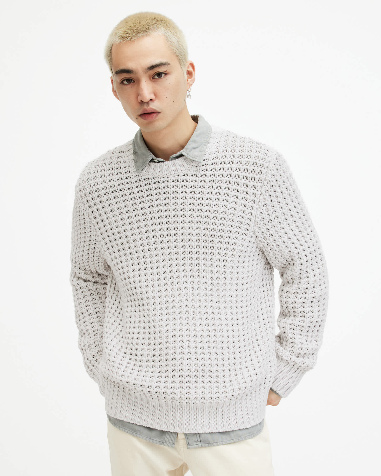 Illund Waffle Stitch Crew Neck Jumper Oyster Grey | ALLSAINTS Illund Waffle Stitch Crew Neck Jumper Oyster Grey | ALLSAINTS