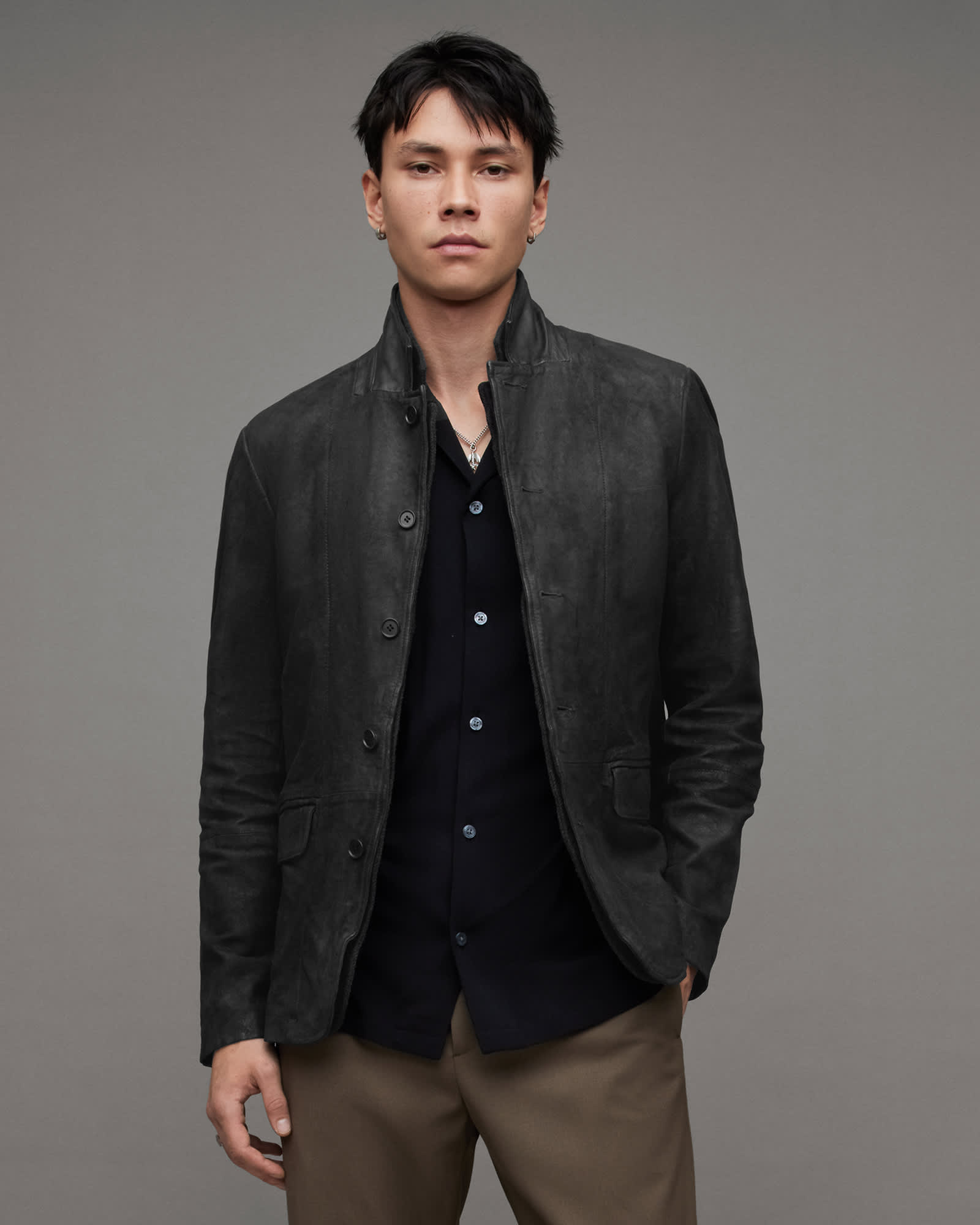 【送料無料】 Blazer Leather Layered Double Survey Black US ALLSAINTS | レザージャケット