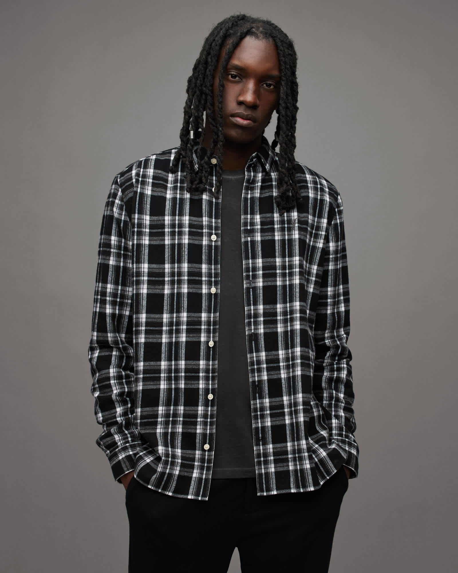 Leulus Relaxed Fit Checked Flannel Shirt Black | ALLSAINTS US