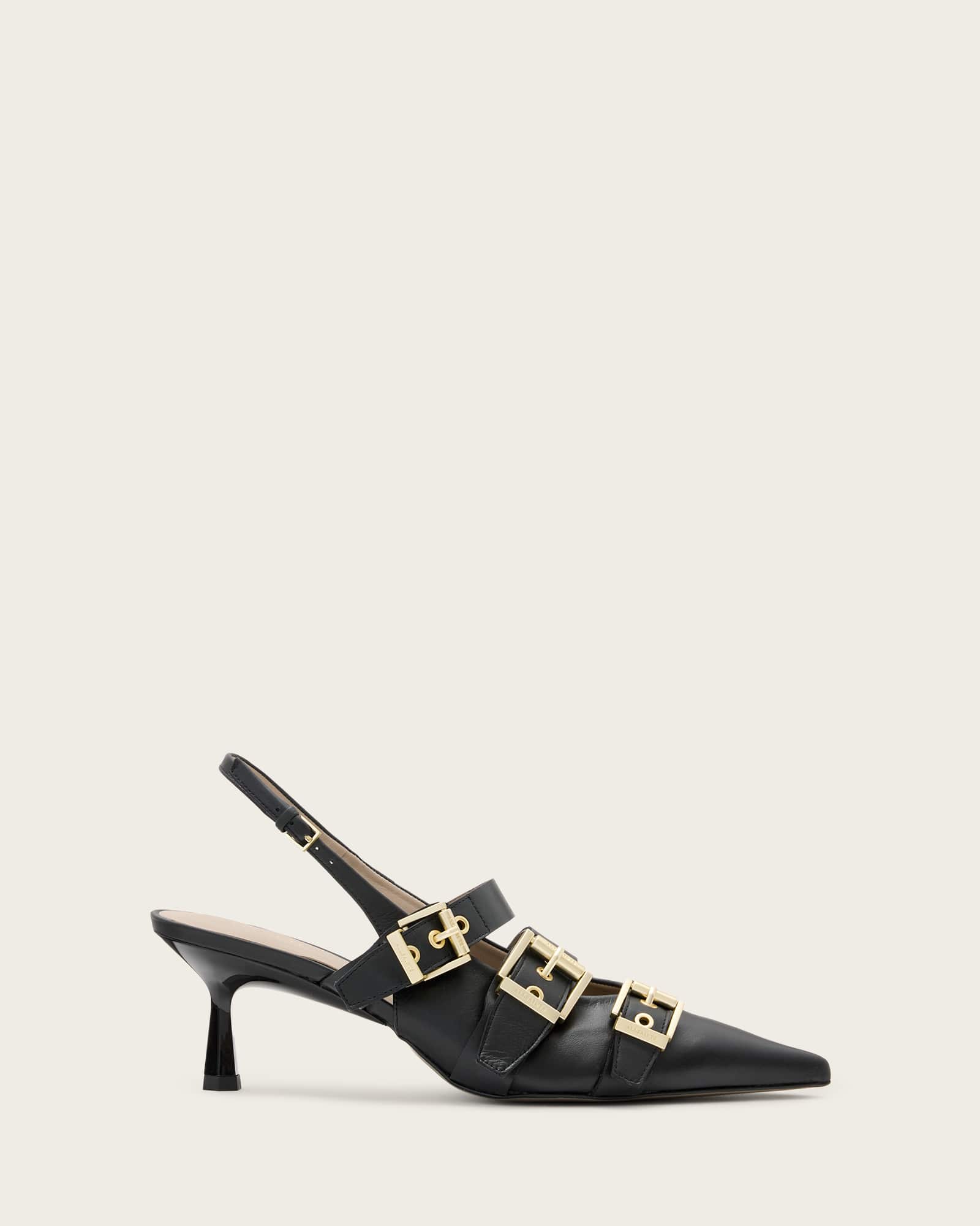 サンダル・ミュール Black Leather Buckle Pumps Vivian Leather Buckle Slingback Heels Black | ALLSAINTS US